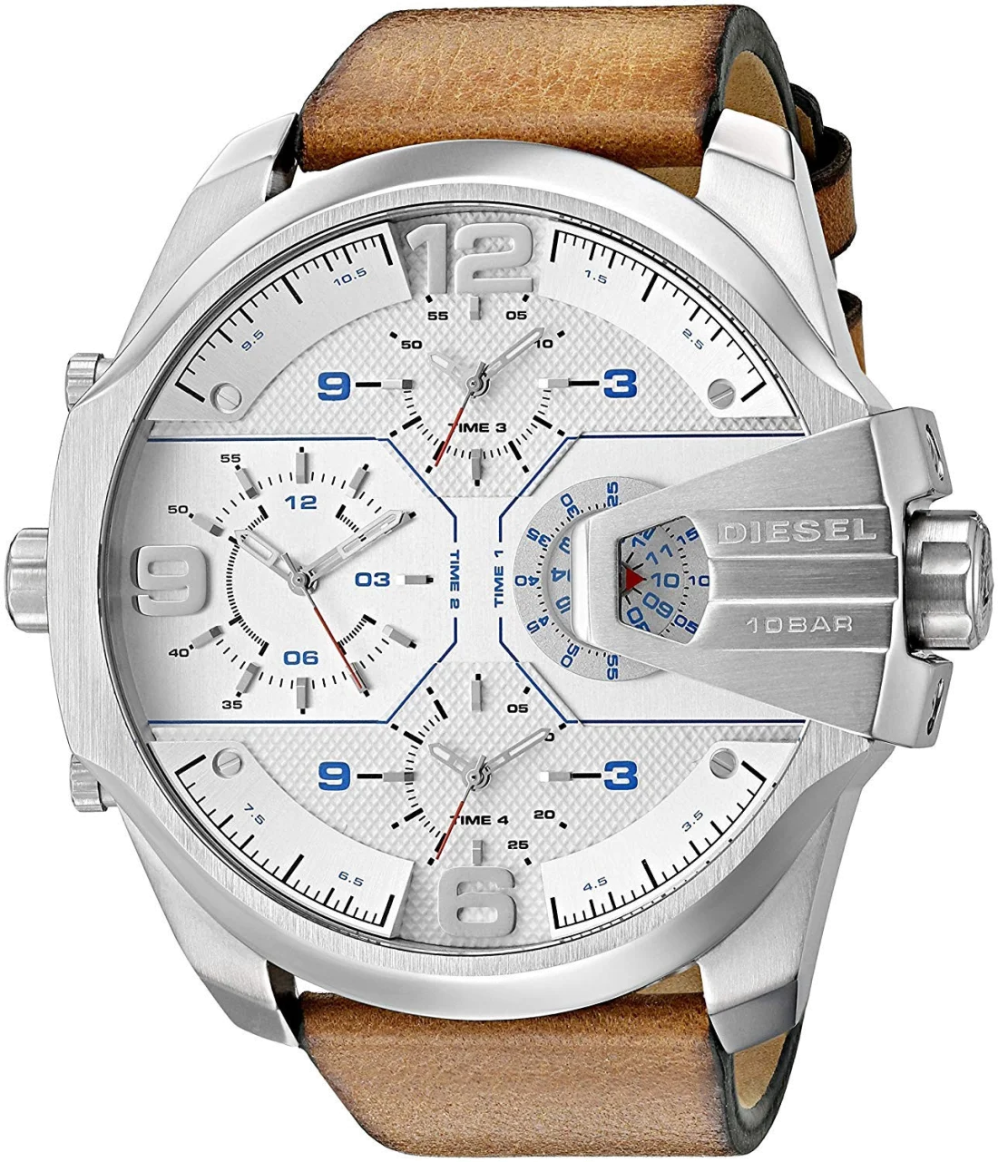 Montre Diesel Uber Chief DZ7374 pour Homme - Cadran Blanc, Boîtier Noir, Bracelet Cuir Marron