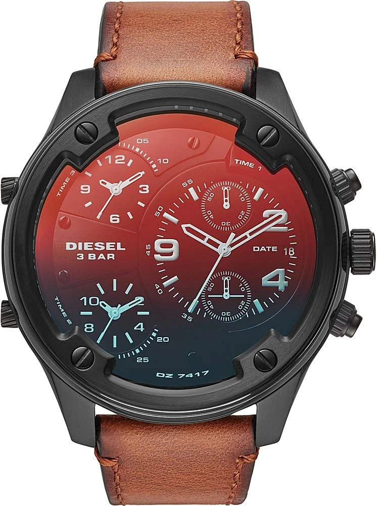 Montre Diesel DZ7417 Boltdown Homme - Cadran Noir Multi-Fonctions, Bracelet Cuir Marron