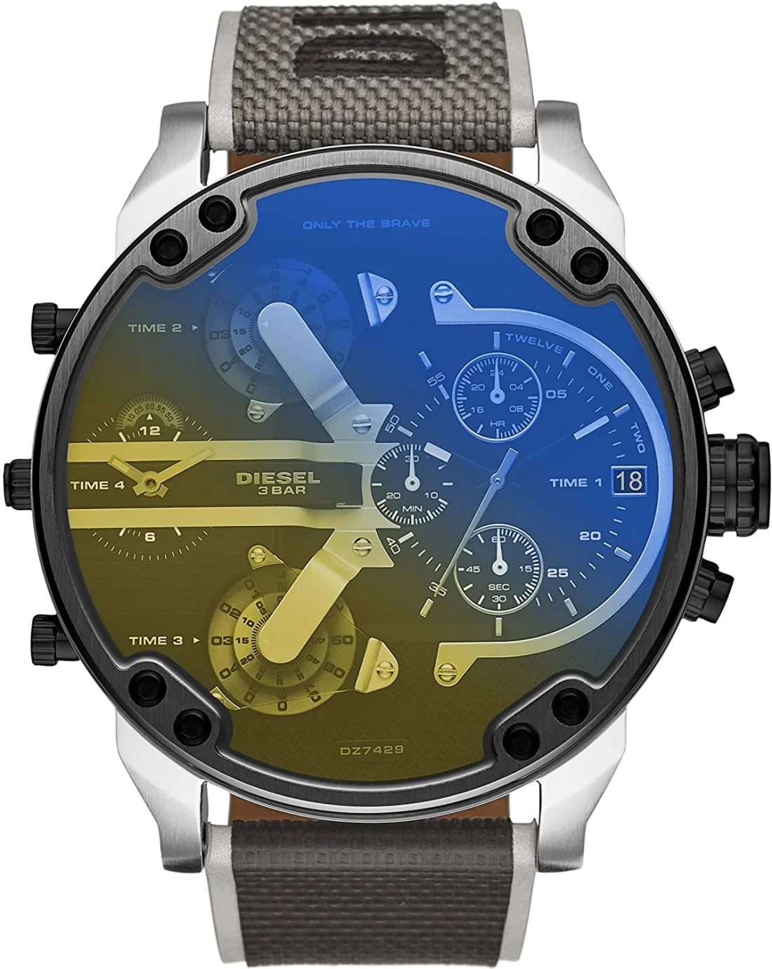 Montre Diesel Mr. Daddy 2.0 XXL DZ7429 pour Homme, Cadran 56mm Noir, Bracelet Gris Cuir/Tissu