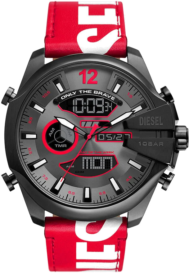 Montre Diesel Mega Chief DZ4647 pour Homme - Cadran Multifonction Gris, Bracelet Cuir Rouge