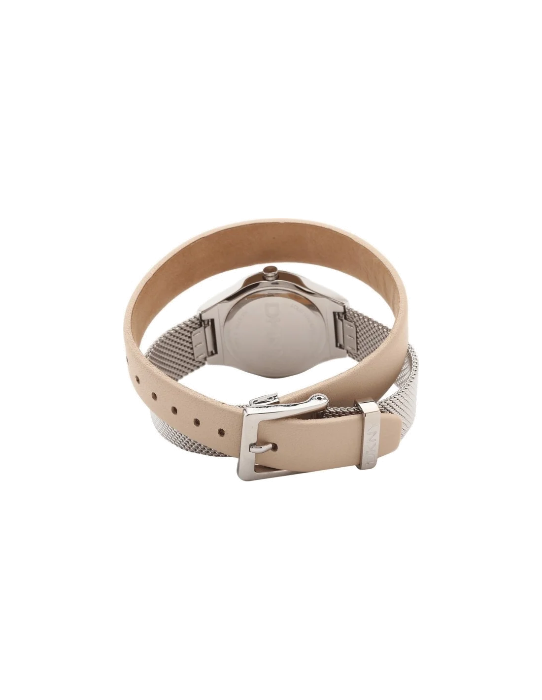 Montre Femme DKNY NY8799 Double bracelet argenté à mailles milanaises et cuir beige vue 2