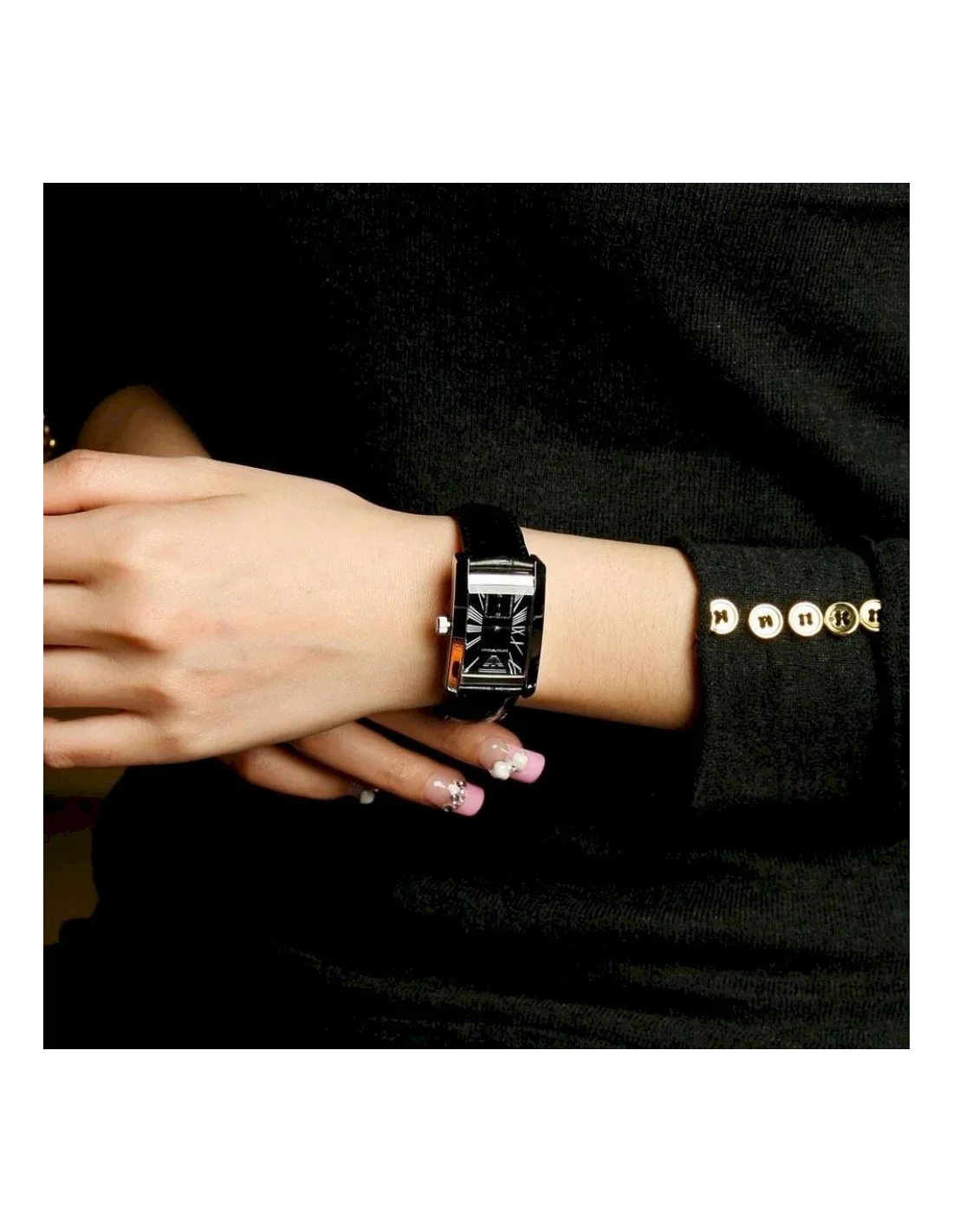 Montre Femme Emporio Armani AR0144 - Boîtier Rectangulaire Argent, Cadran et Bracelet Cuir Noir vue 3