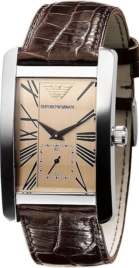 Montre Homme Emporio Armani AR0154 - Boîtier Rectangulaire Acier, Cadran et Bracelet Cuir Marron