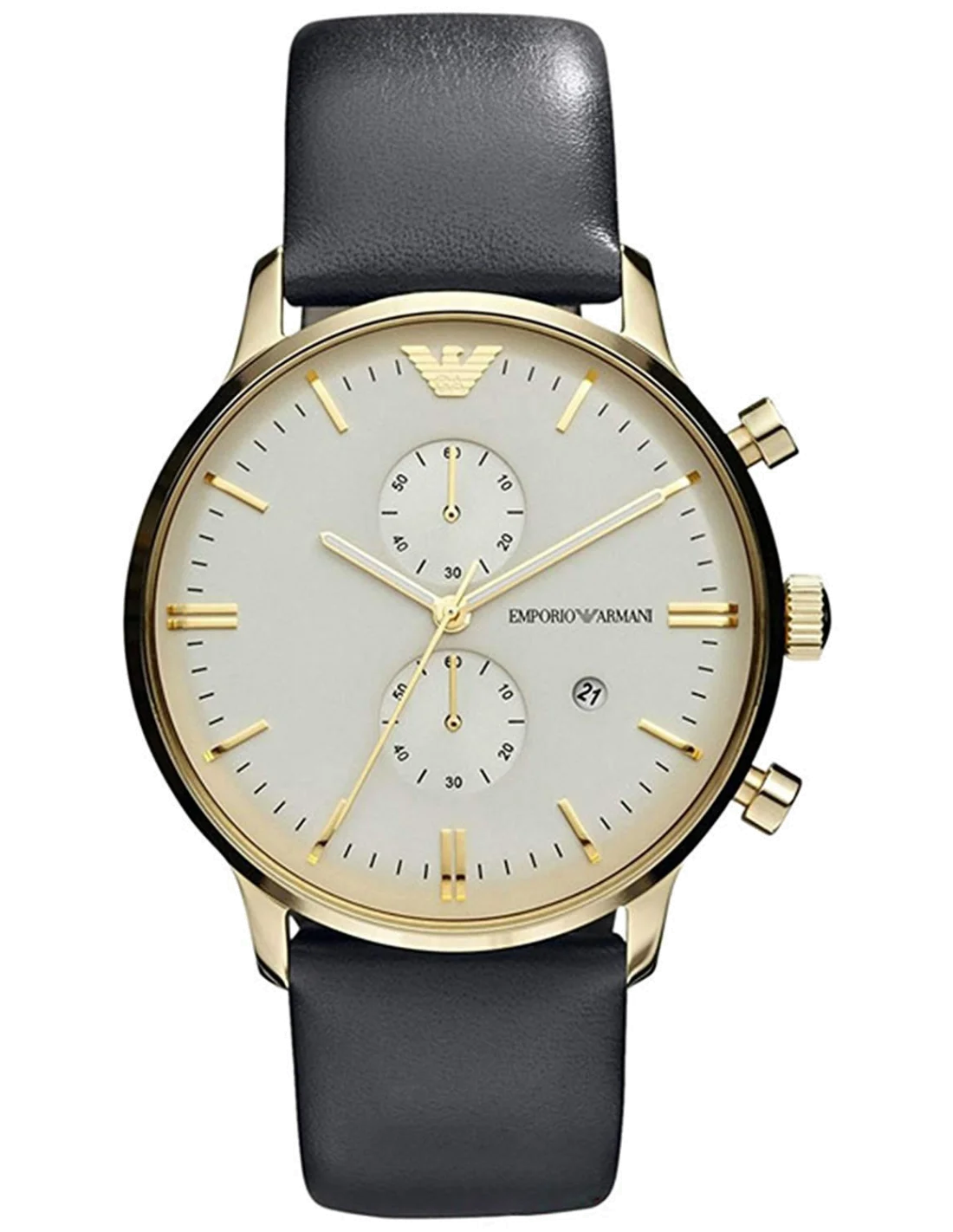 Montre Homme Emporio Armani AR0386 Chronomètre à 2 Compteurs - Cadran Doré, Bracelet Cuir Noir