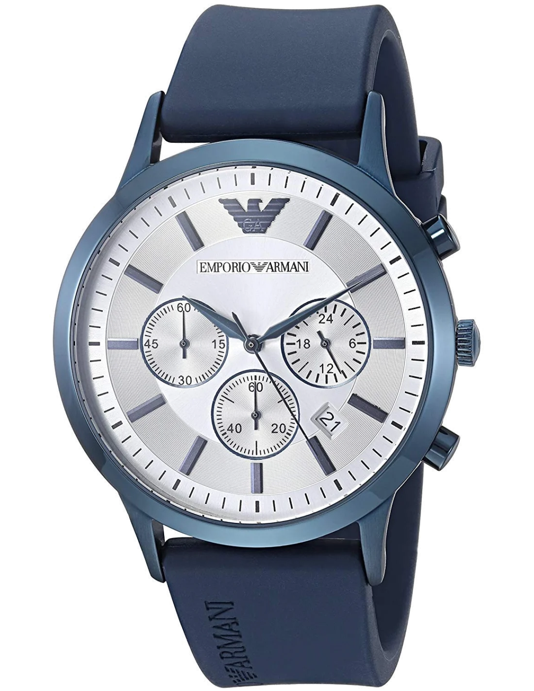 Montre Homme Emporio Armani AR11026 - Cadran argent, boîtier et bracelet silicone bleu