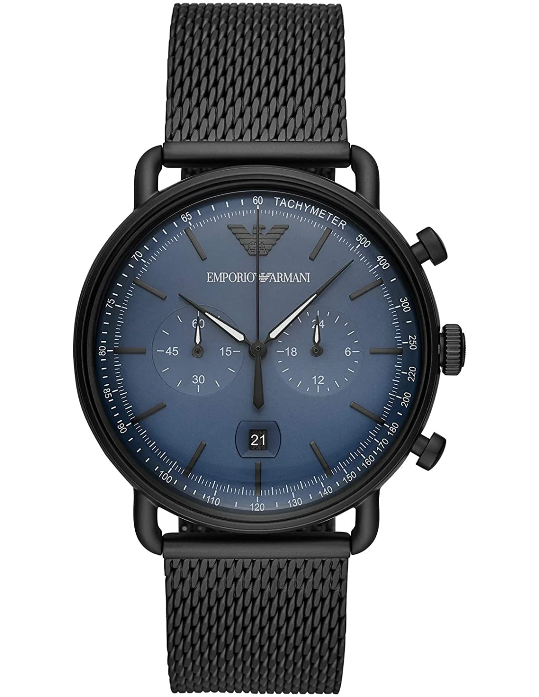 Montre Homme Emporio Armani Aviator AR11201, boîtier et maille milanaise noire, cadran bleu