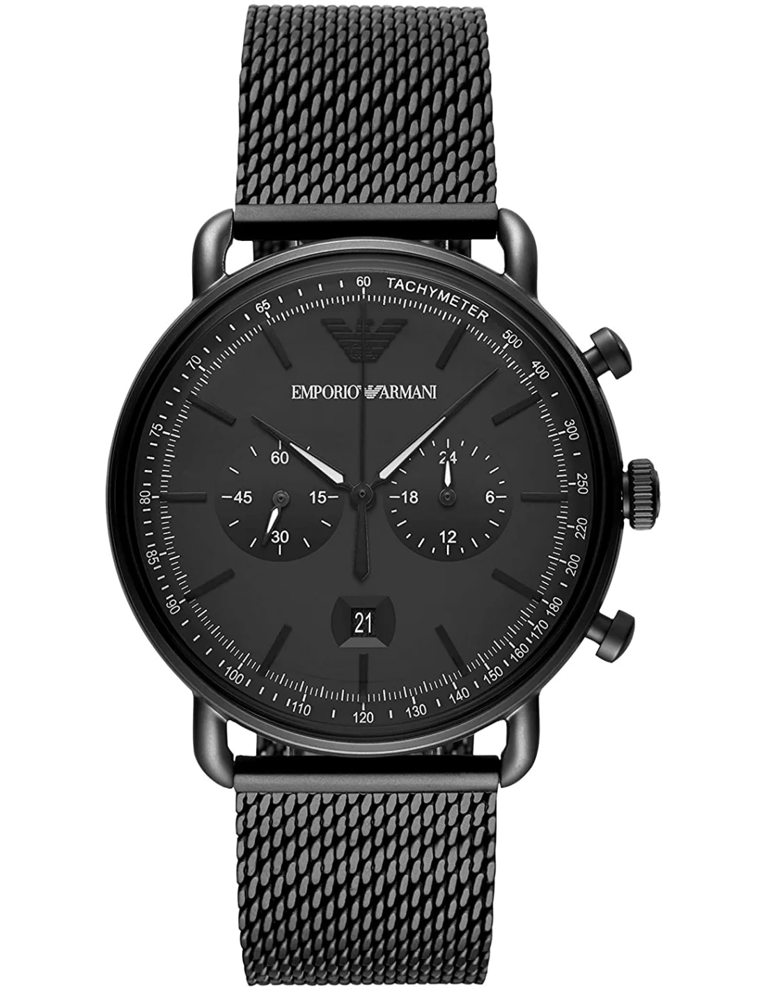 Montre Homme Emporio Armani Aviator AR11264 Chronographe Cadran Noir Maille Milanaise