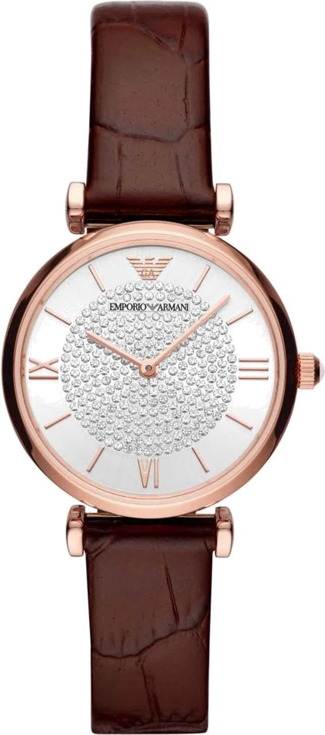 Montre Femme Emporio Armani AR11269 Cadran Nacre Blanche Boîtier Or Rose Bracelet Cuir Marron