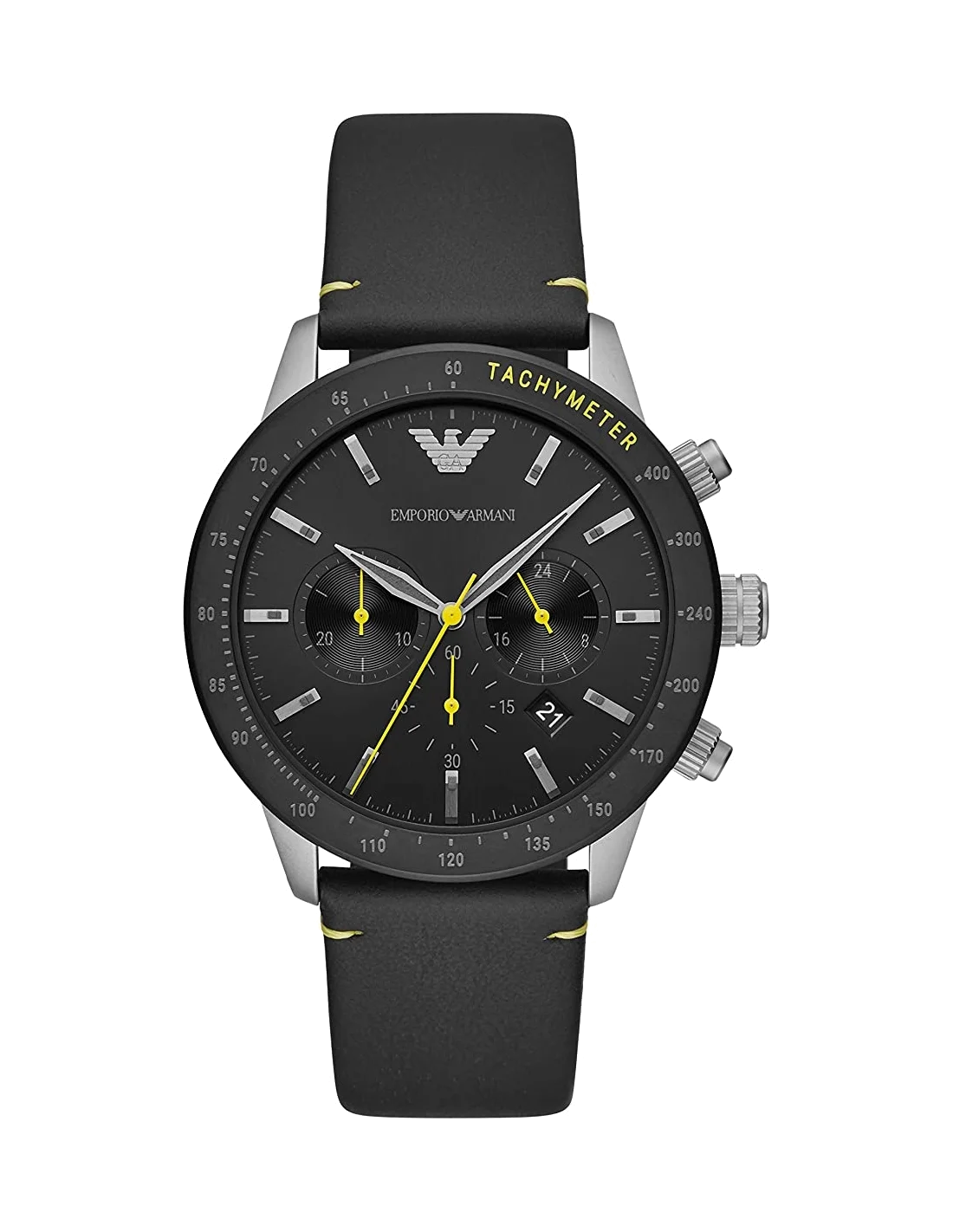 Montre Homme Emporio Armani Mario AR11325 - Chronographe sport noir et argent à détails jaunes