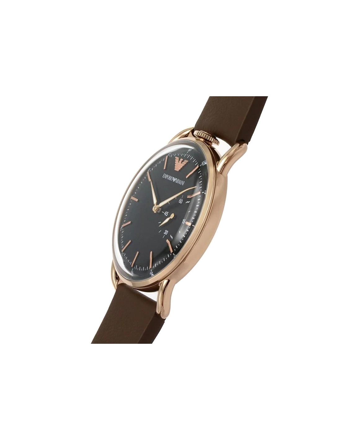 Montre Homme Emporio Armani Aviator AR11337 - Boîtier or rose, cadran noir, bracelet cuir marron vue 3