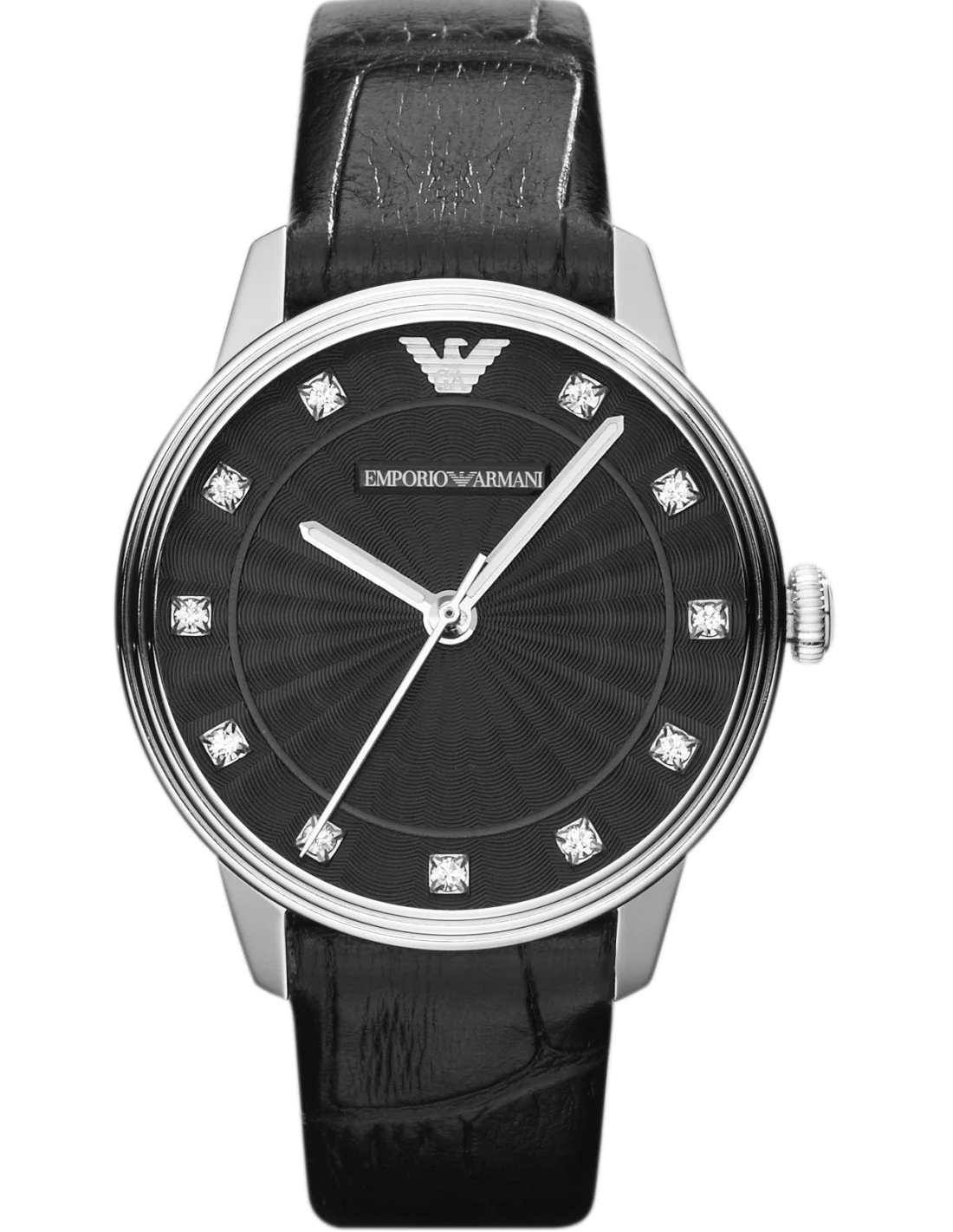 Montre Femme Emporio Armani AR1618 - Cadran Noir, Bracelet Cuir Crocodilé Noir et Strass