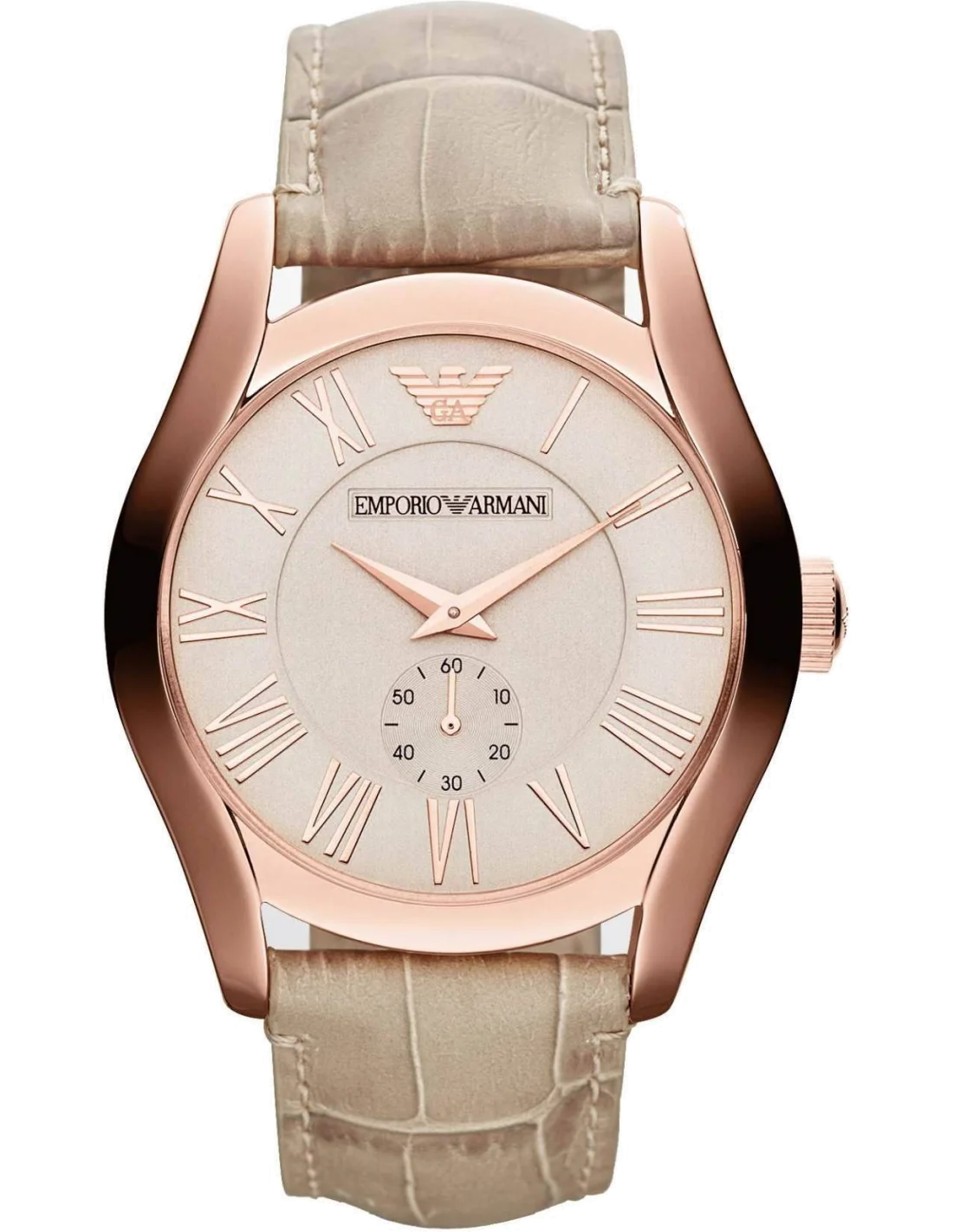 Montre Homme Emporio Armani AR1667 Cadran Beige, Boîtier Acier Or Rose et Bracelet Cuir Marron