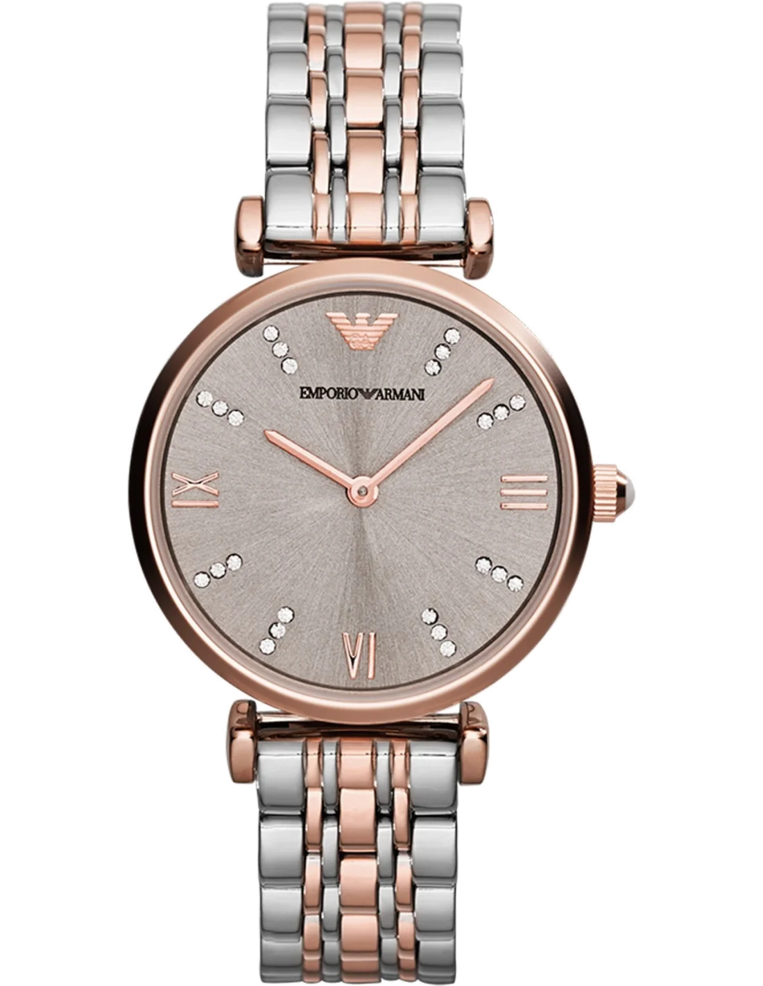 Montre Femme Emporio Armani AR1840 - Cadran Bronze, Bracelet Acier Bi-ton Argent/Or Rose, Index Strass