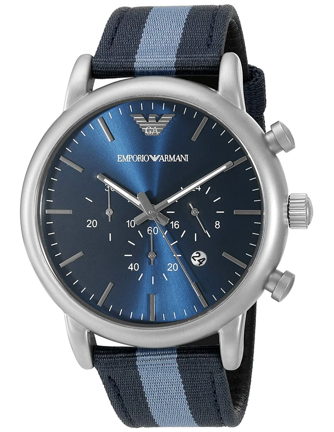 Montre Homme Emporio Armani AR1949 Chronographe Cadran Bleu Bracelet NATO Bicolore