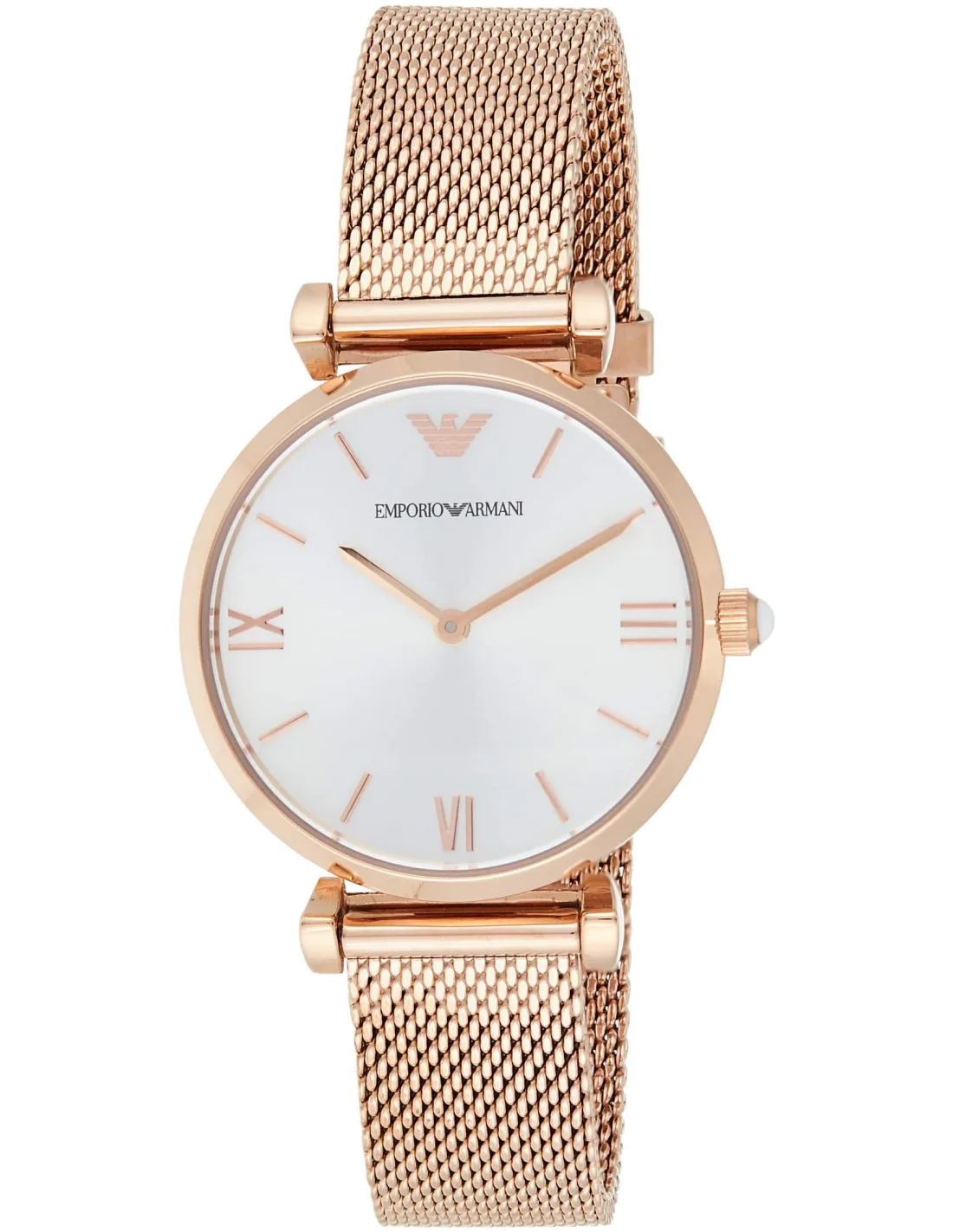 Montre Emporio Armani AR1956 Femme - Cadran Argent, Boîtier et Bracelet Maille Milanaise en Acier Or Rose