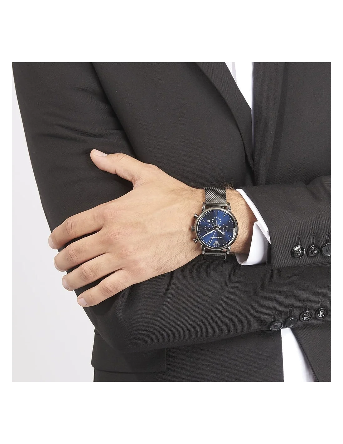 Montre Homme Emporio Armani Luigi AR1979 Cadran Bleu Boîtier Gris Maille Milanaise vue 4