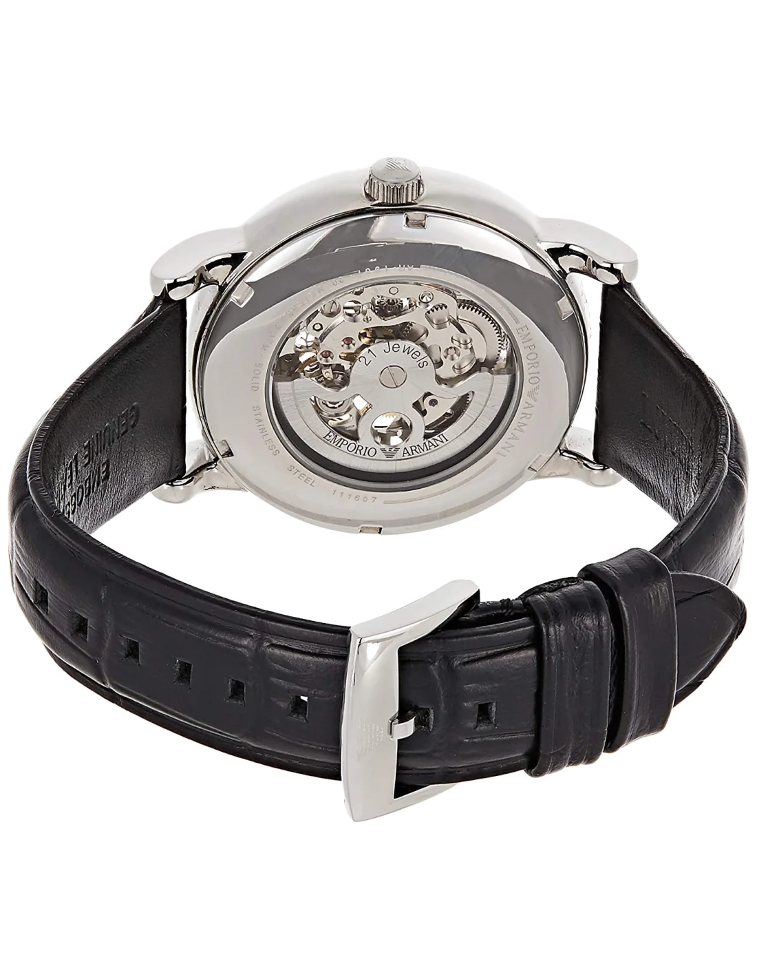 Montre Homme Emporio Armani AR1981 Squelette Automatique Acier Argent & Cuir Noir vue 3