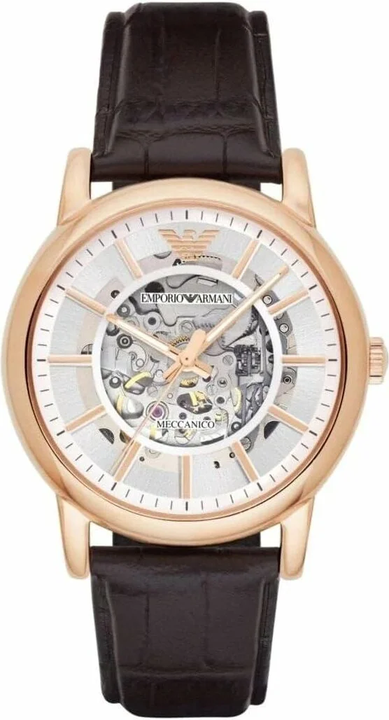 Montre Homme Emporio Armani AR1983 Automatique Squelette, Boîtier Or Rose, Cadran Argent, Bracelet Cuir Marron