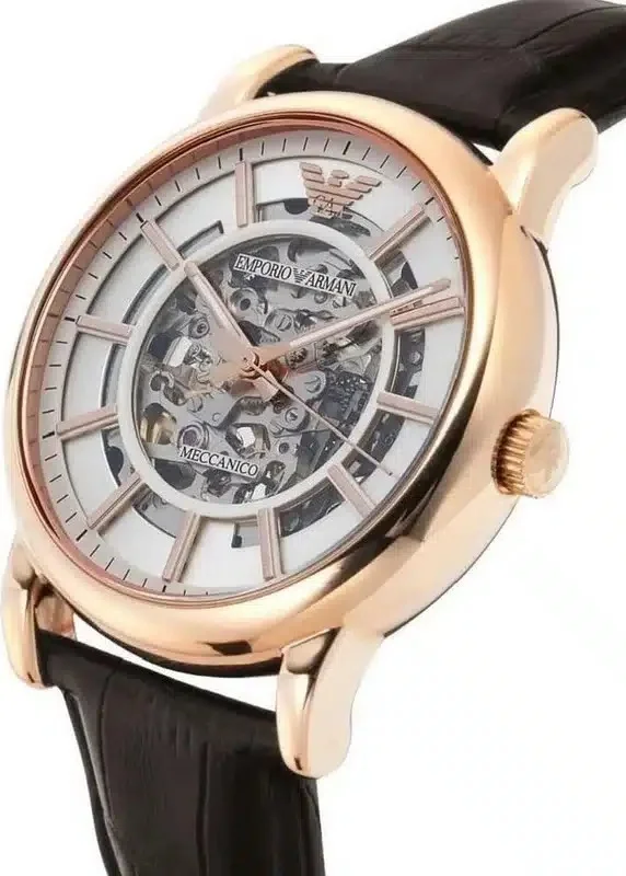 Montre Homme Emporio Armani AR1983 Automatique Squelette, Boîtier Or Rose, Cadran Argent, Bracelet Cuir Marron vue 2
