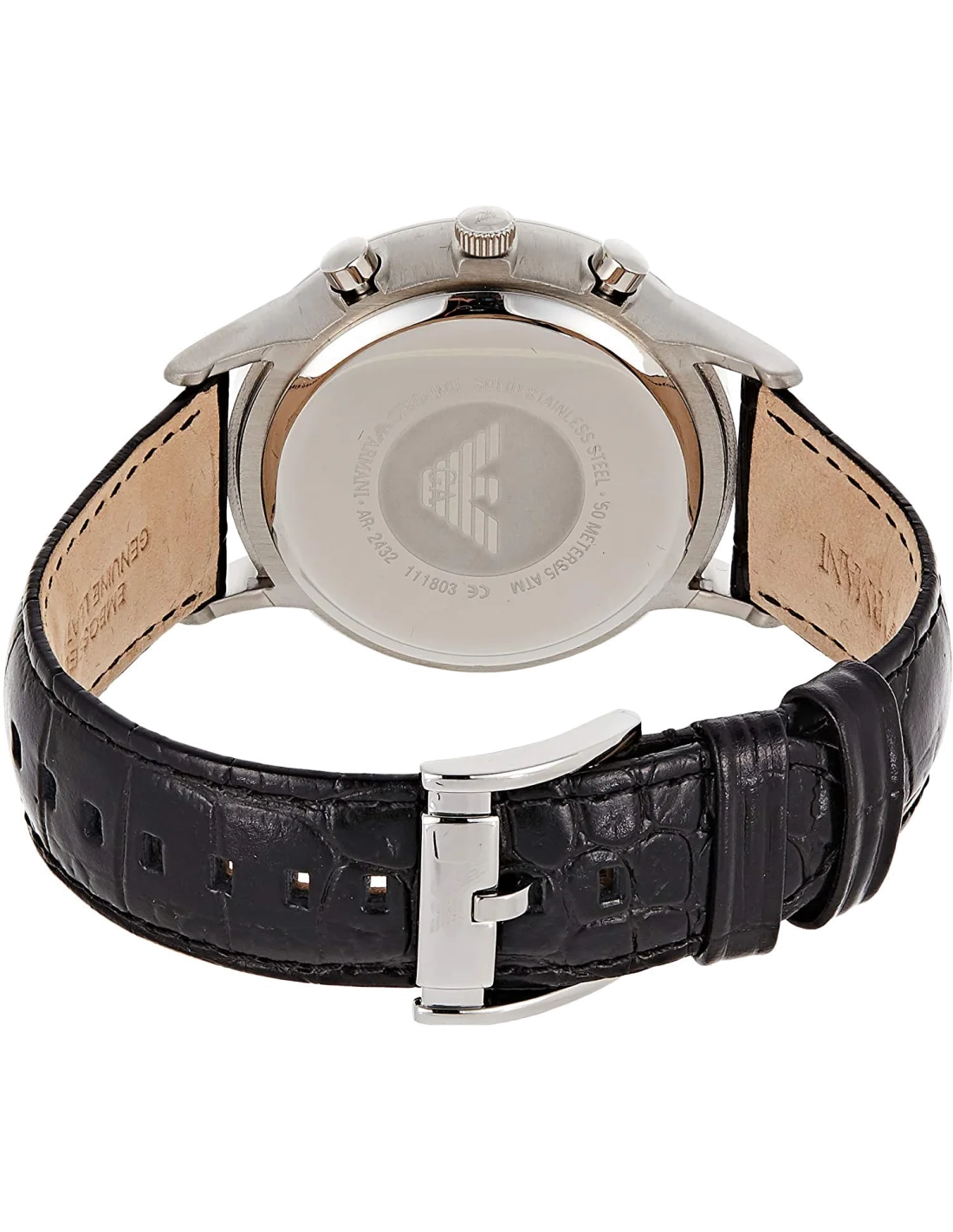 Montre Homme Emporio Armani AR2432 Chronographe Cadran Argent Bracelet Cuir Noir vue 2