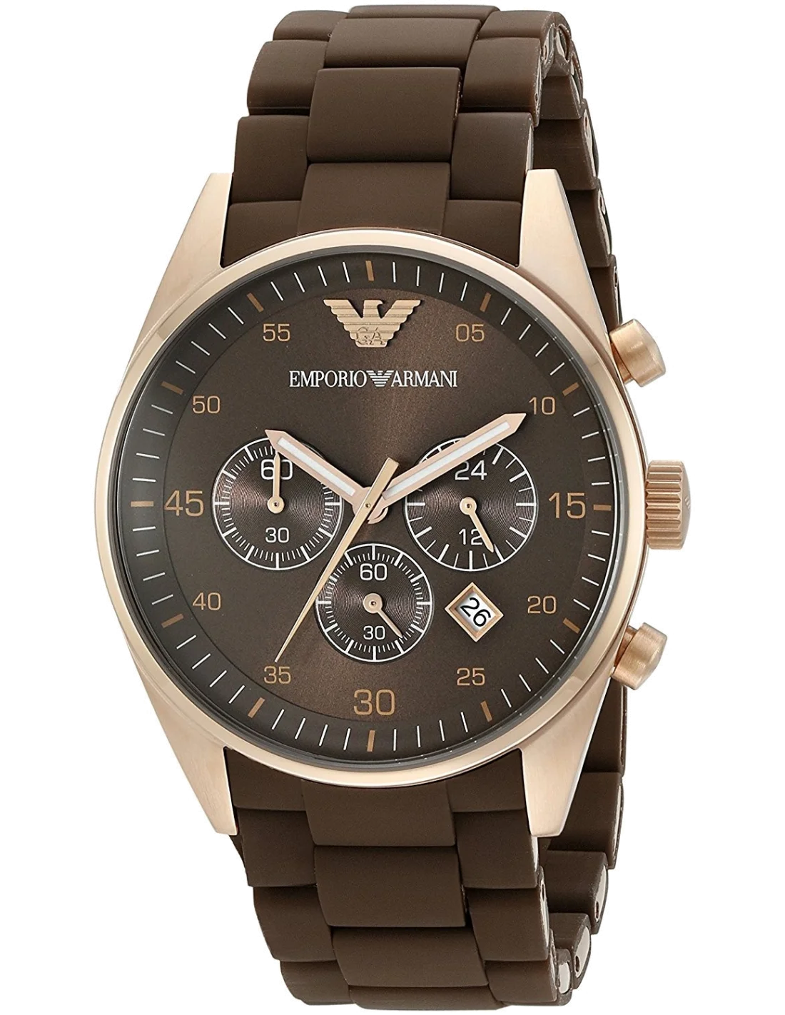 Chronographe Emporio Armani AR5890 Homme - Cadran Marron, Boîtier Or Rose, Bracelet Silicone