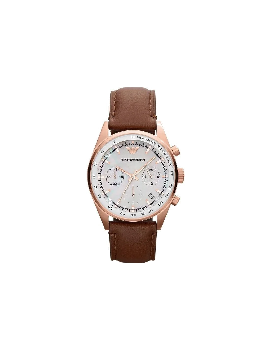 Montre Emporio Armani Sportivo AR5996 pour Femme, Cadran Nacre, Boîtier Or Rose, Bracelet Cuir Marron