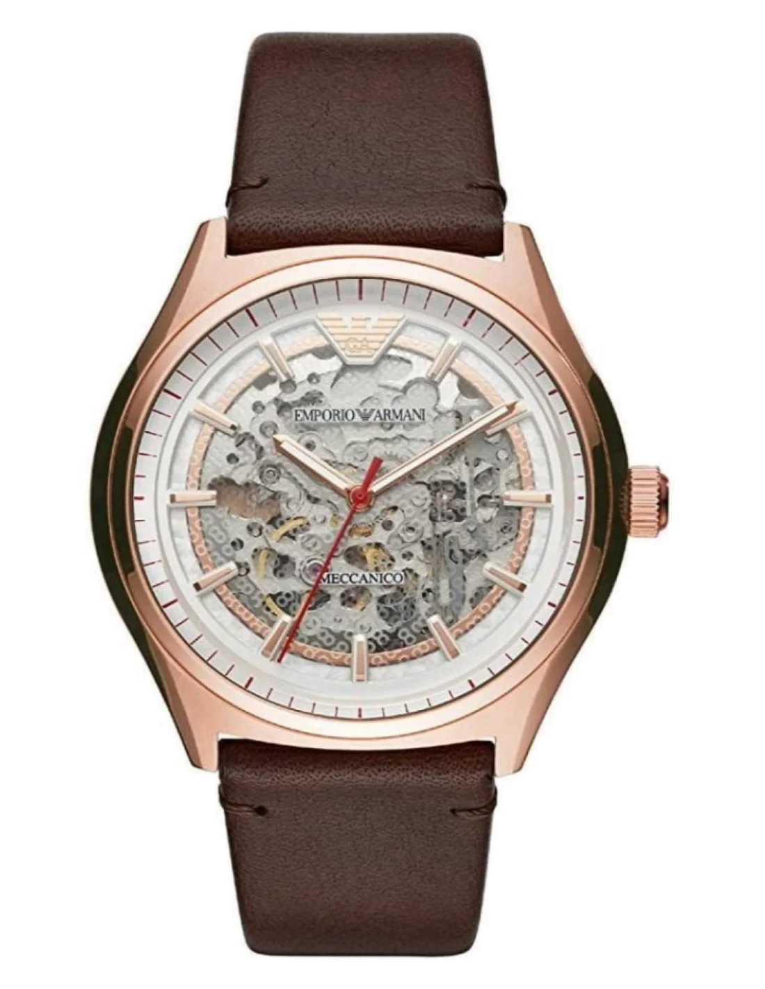 Montre Homme Emporio Armani Zeta AR60005 Automatique Squelette - Cadran Argent, Boîtier Or Rose, Bracelet Cuir Marron