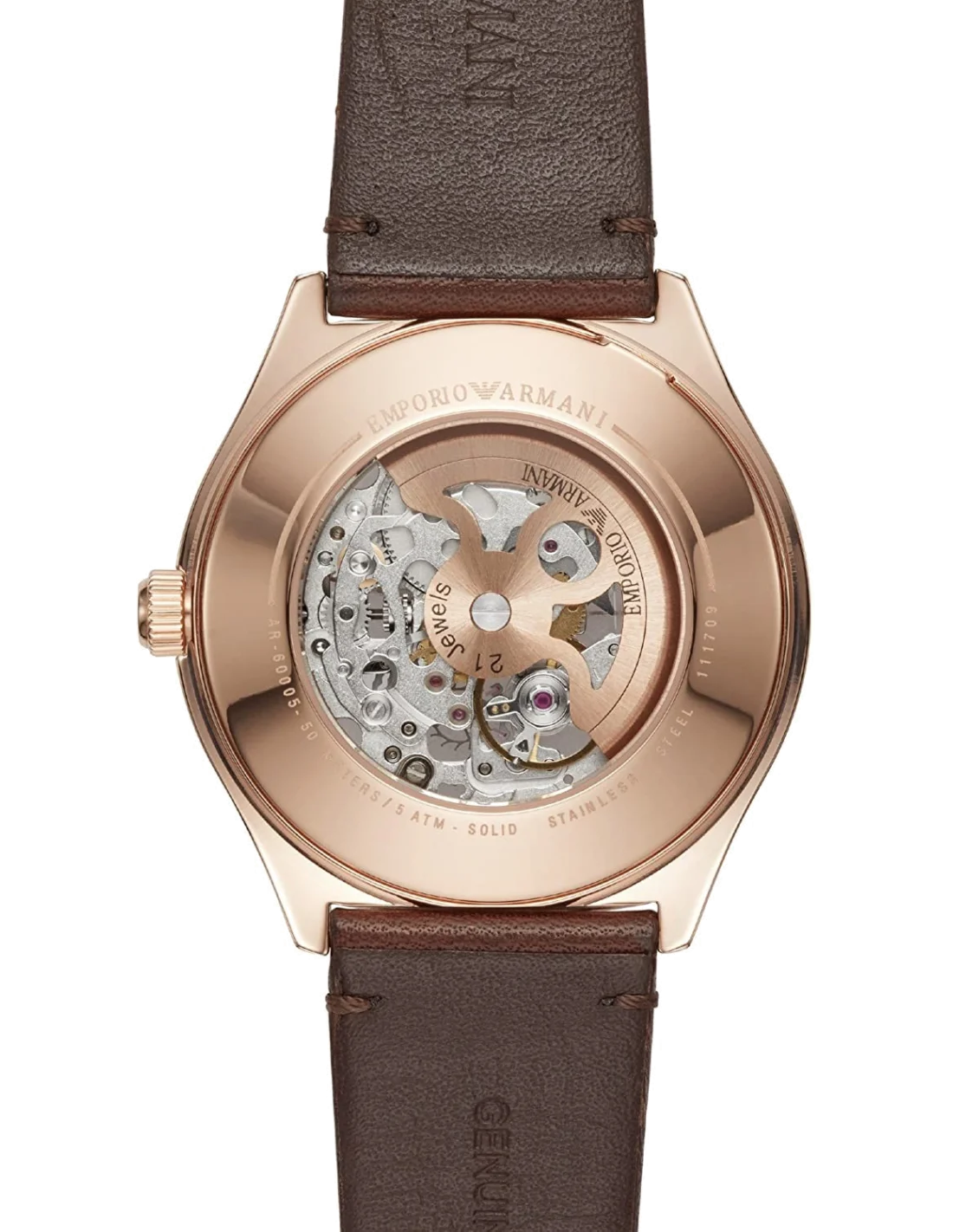 Montre Homme Emporio Armani Zeta AR60005 Automatique Squelette - Cadran Argent, Boîtier Or Rose, Bracelet Cuir Marron vue 2
