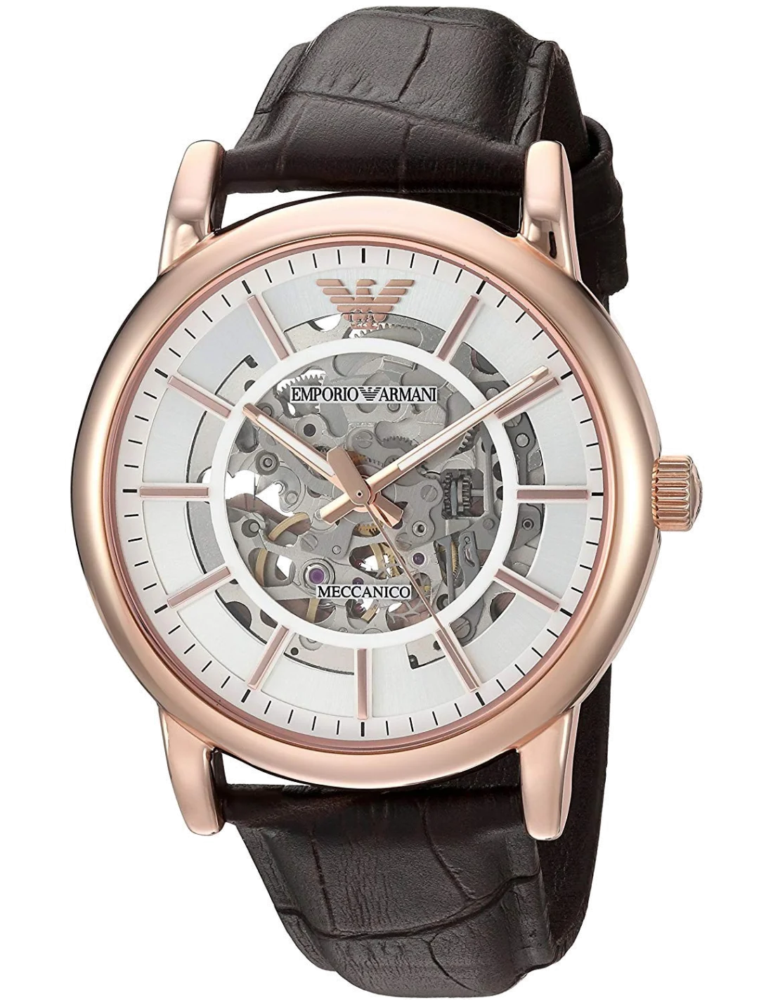 Montre Homme Emporio Armani AR60007 Automatique Squelette, Boîtier Or Rose, Cadran Blanc, Bracelet Cuir Marron