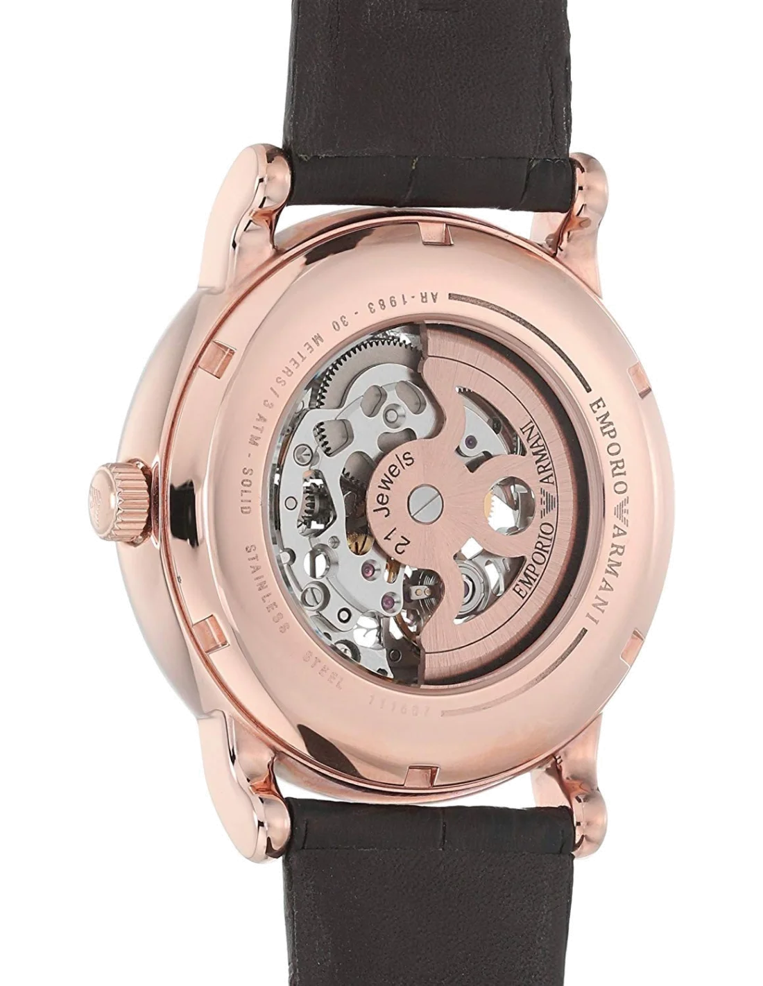 Montre Homme Emporio Armani AR60007 Automatique Squelette, Boîtier Or Rose, Cadran Blanc, Bracelet Cuir Marron vue 2