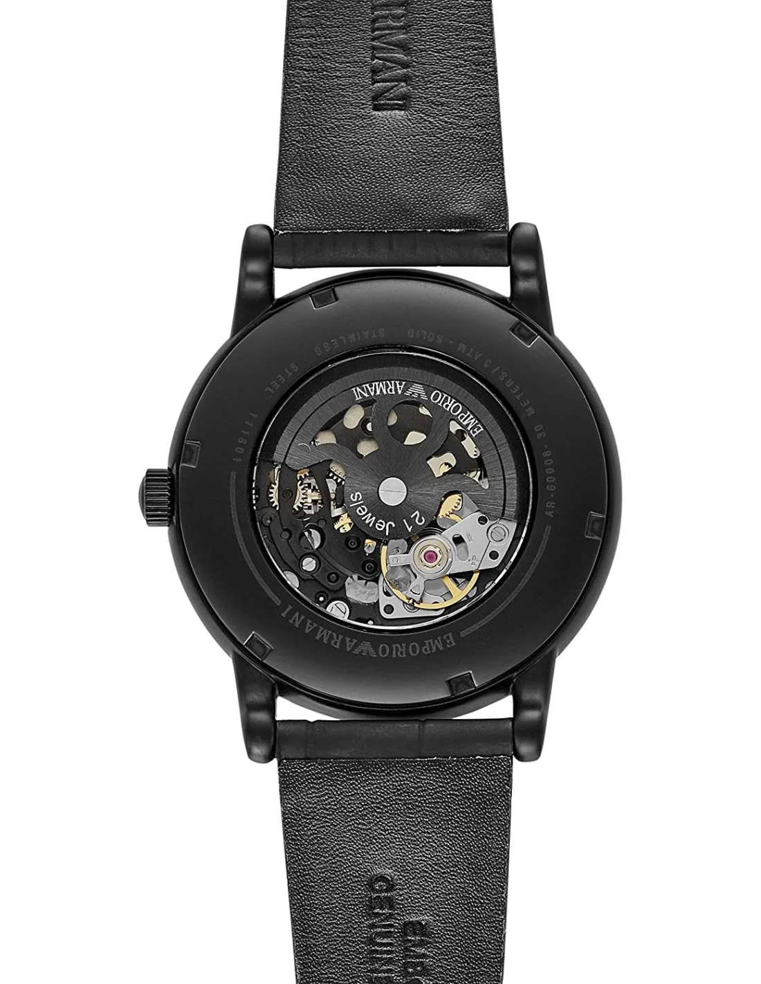 Montre Homme Emporio Armani Meccanico AR60008 Cadran squelette noir, bracelet cuir noir vue 2