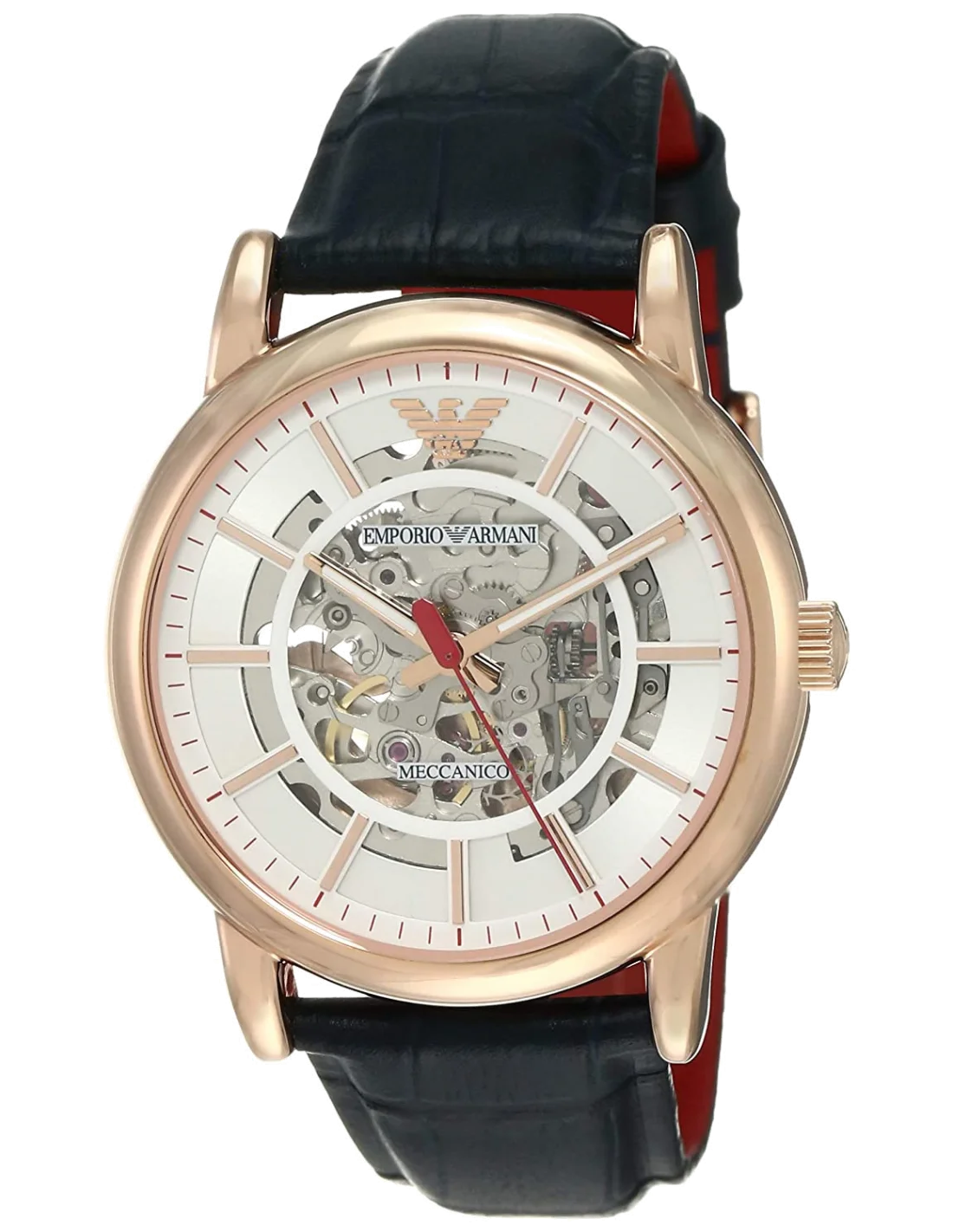 Montre Homme Emporio Armani AR60009 Automatique Squelette - Cadran Blanc, Bracelet Cuir Bleu, Boîtier Or