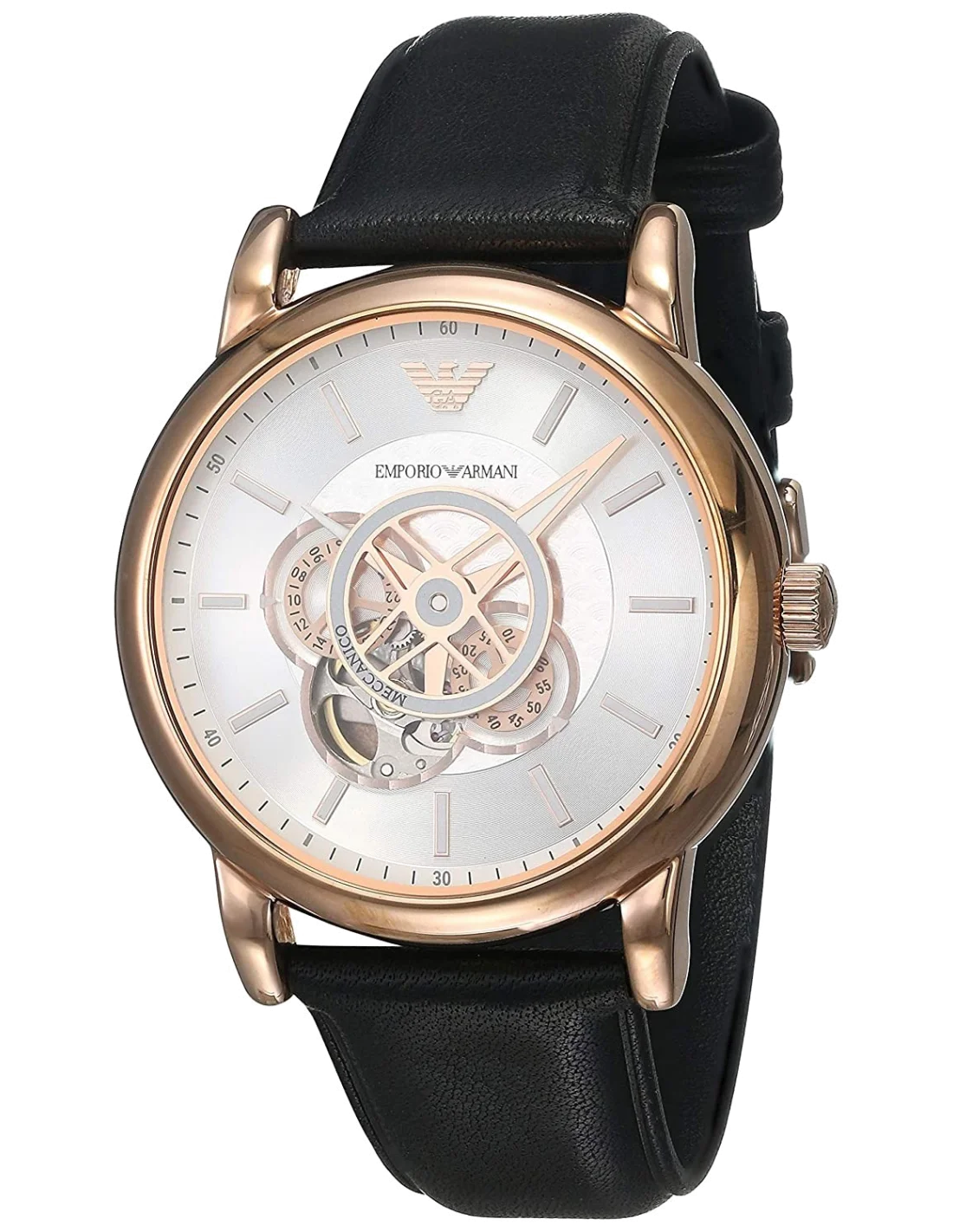 Montre Homme Emporio Armani Luigi AR60013 Automatique Squelette - Boîtier Or Rose, Cadran Argent, Bracelet Cuir Noir