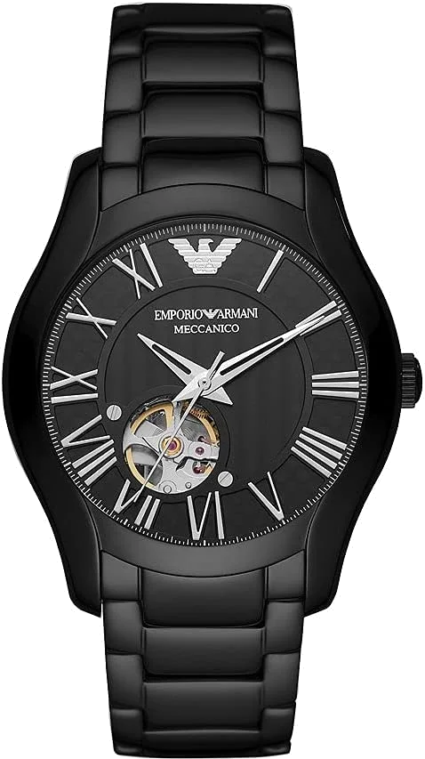 Montre Homme Emporio Armani Meccanico AR60014, boîtier et bracelet acier noir, mouvement automatique apparent