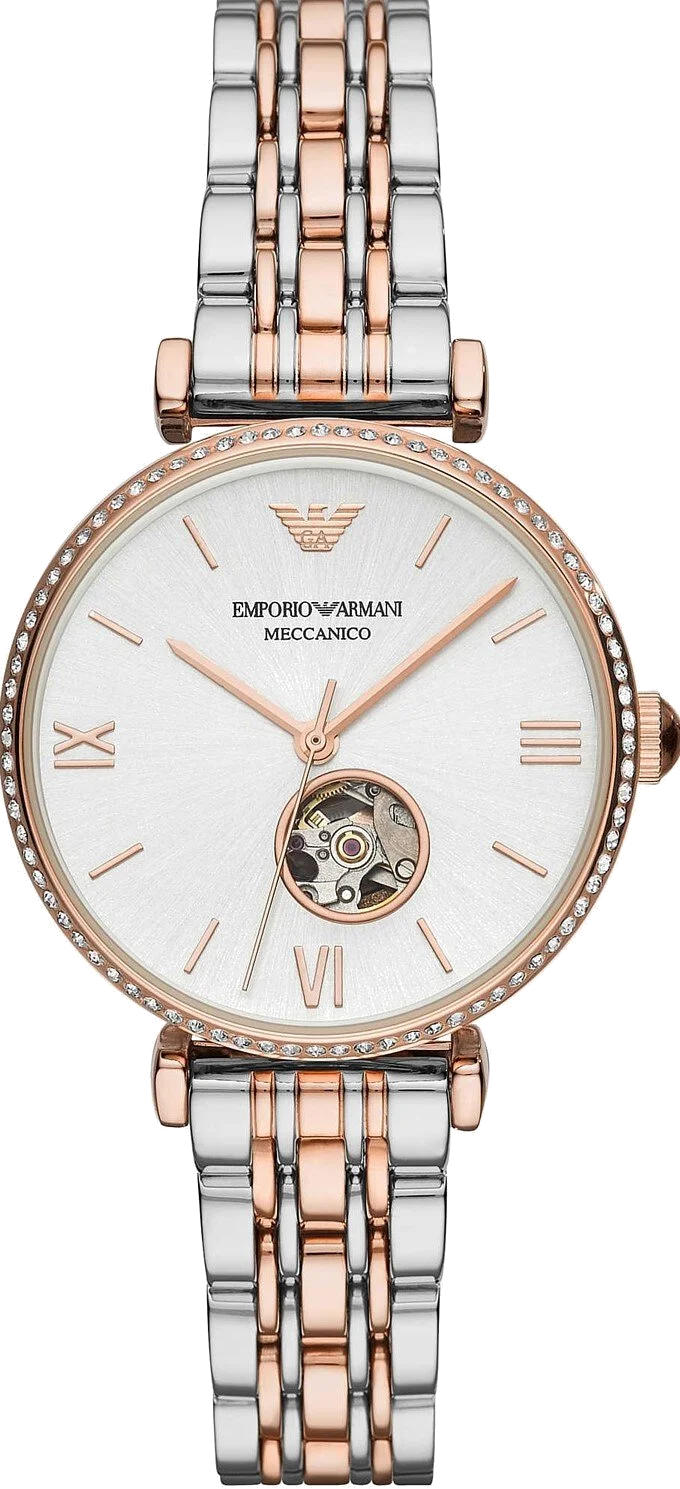 Montre Femme Emporio Armani Gianni T-Bar AR60019 Automatique Cadran Ouvert Or Rose