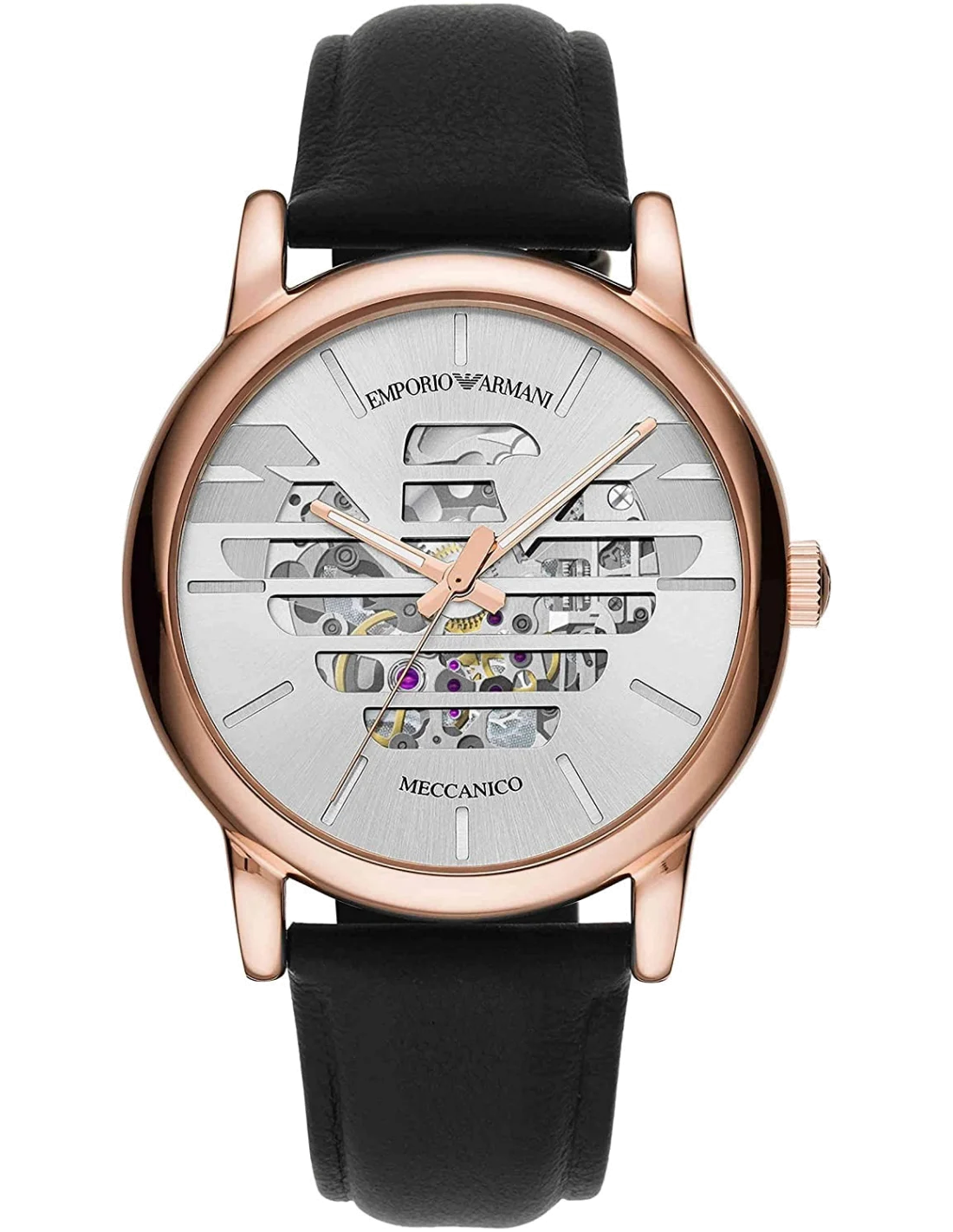 Montre Homme Emporio Armani AR60031 Cadran Squelette Argent Boîtier Or Bracelet Cuir Noir