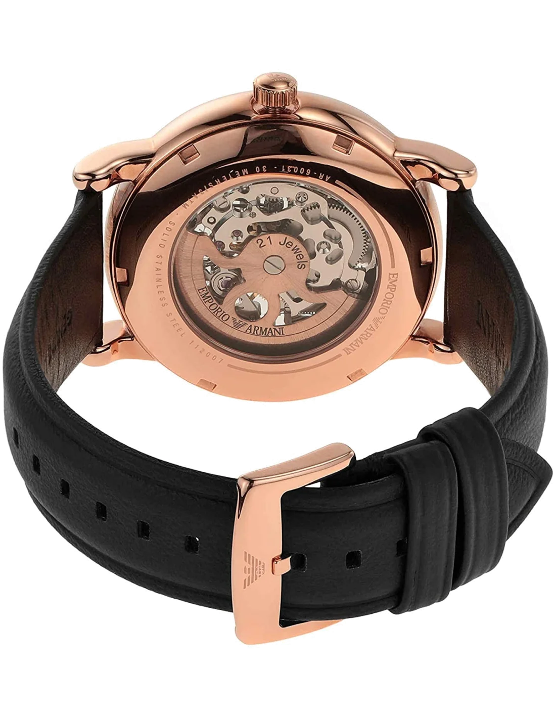 Montre Homme Emporio Armani AR60031 Cadran Squelette Argent Boîtier Or Bracelet Cuir Noir vue 3