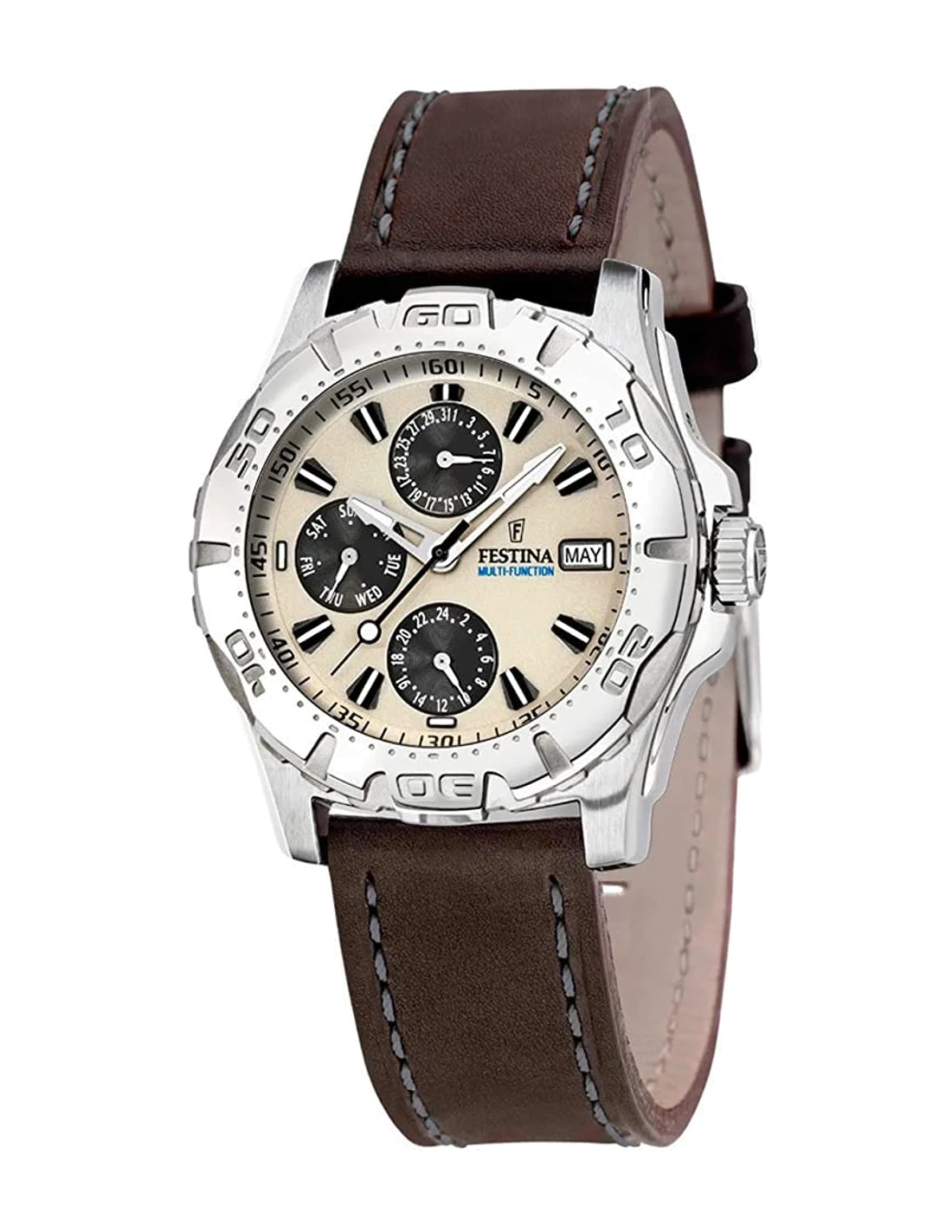 Montre Homme Festina F16243/A Multifonction Acier Cadran Beige Bracelet Cuir Marron