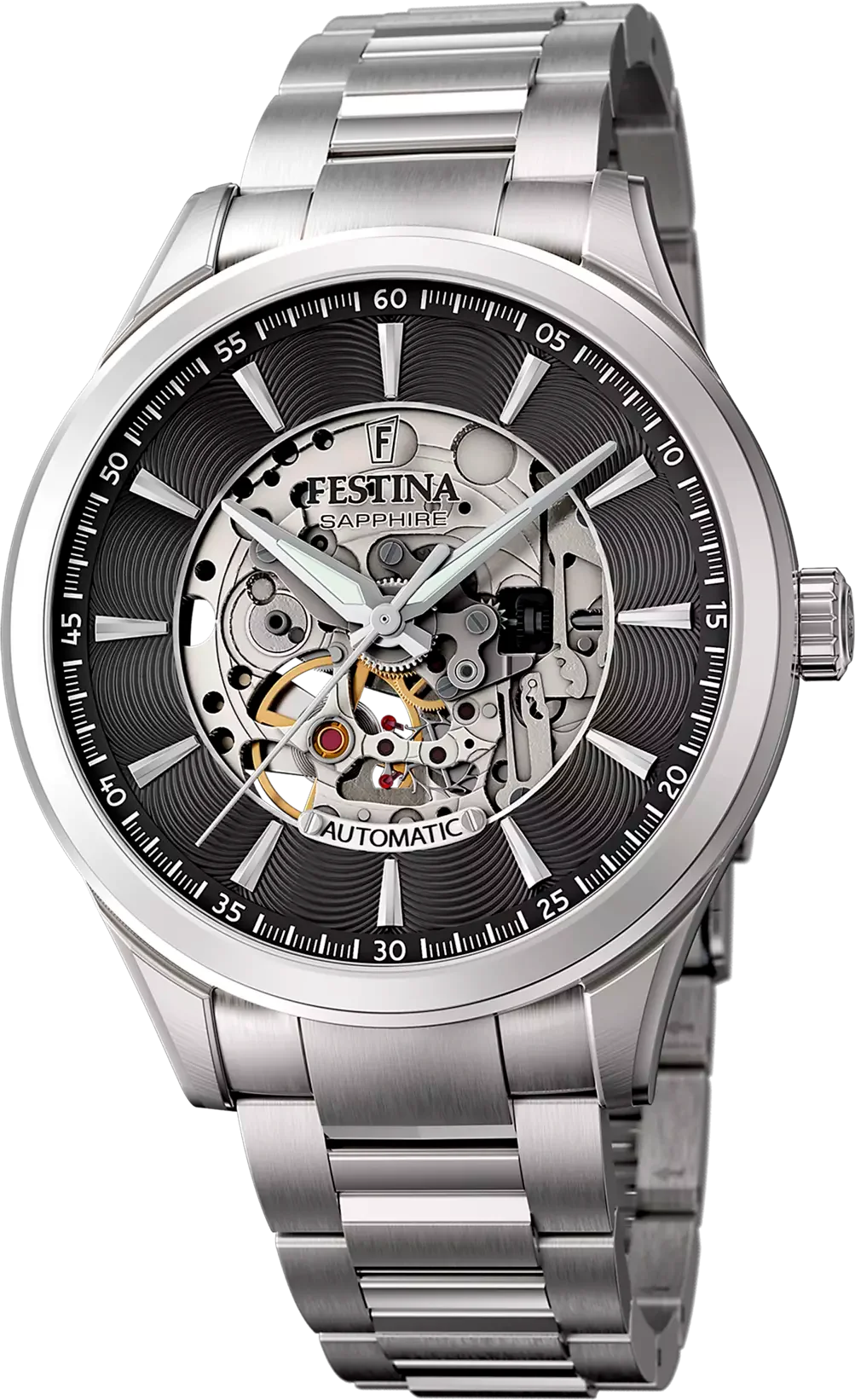 Montre Homme Festina Skeleton Automatic F20536/4 - Cadran Gris, Boîtier et Bracelet Acier Argenté