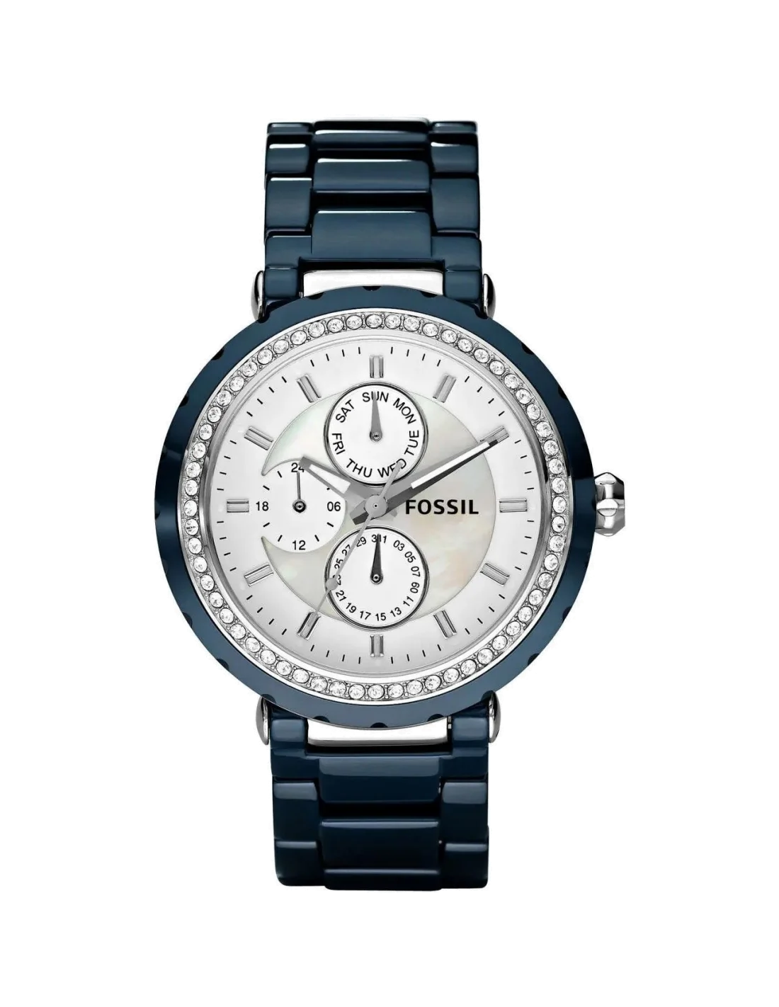 Montre Femme Fossil CE1047 - Cadran Blanc, Bracelet Céramique Bleue et Acier