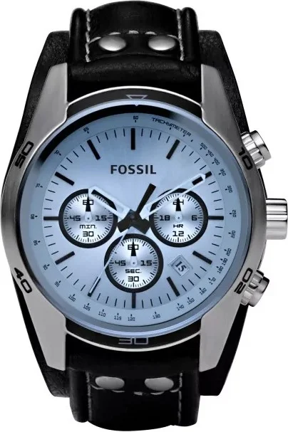 Montre Fossil Coachman CH2564 pour Homme - Cadran Bleu, Bracelet Cuir Noir, Boîtier Bicolore