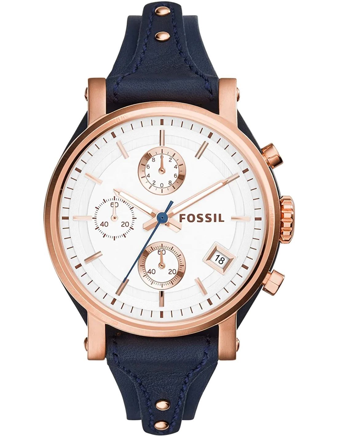 Montre Femme Fossil Original Boyfriend ES3838, boîtier or rose et bracelet cuir bleu