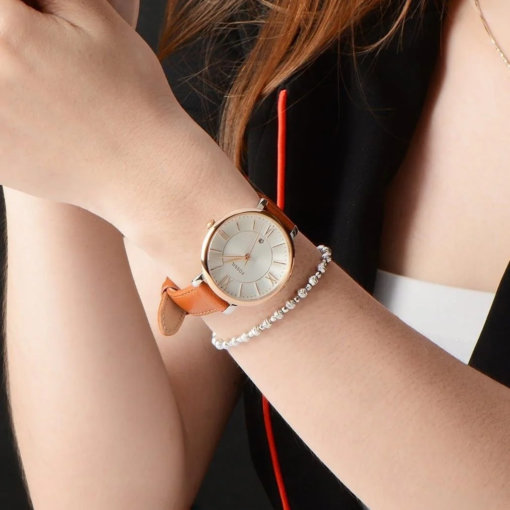 Montre Femme Fossil ES3842 - Cadran Argent, Boîtier Or Rose, Bracelet Cuir Marron Fin vue 3