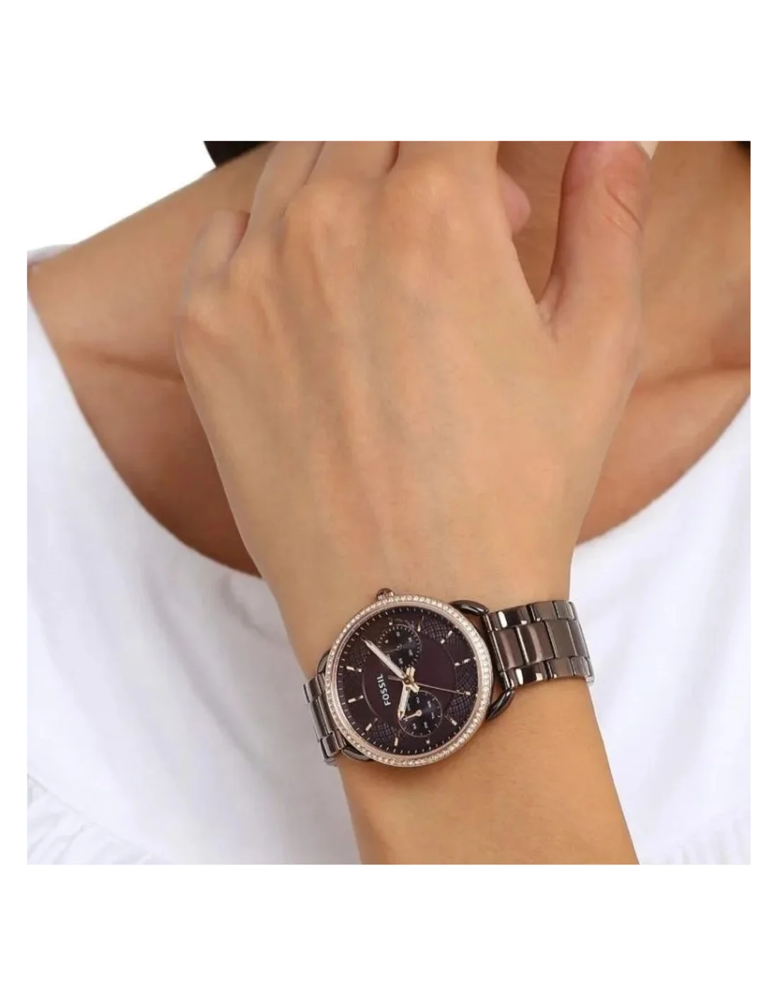 Montre Fossil ES4258 pour Femme, Cadran et Bracelet Acier Inoxydable Brun avec Brillants vue 3