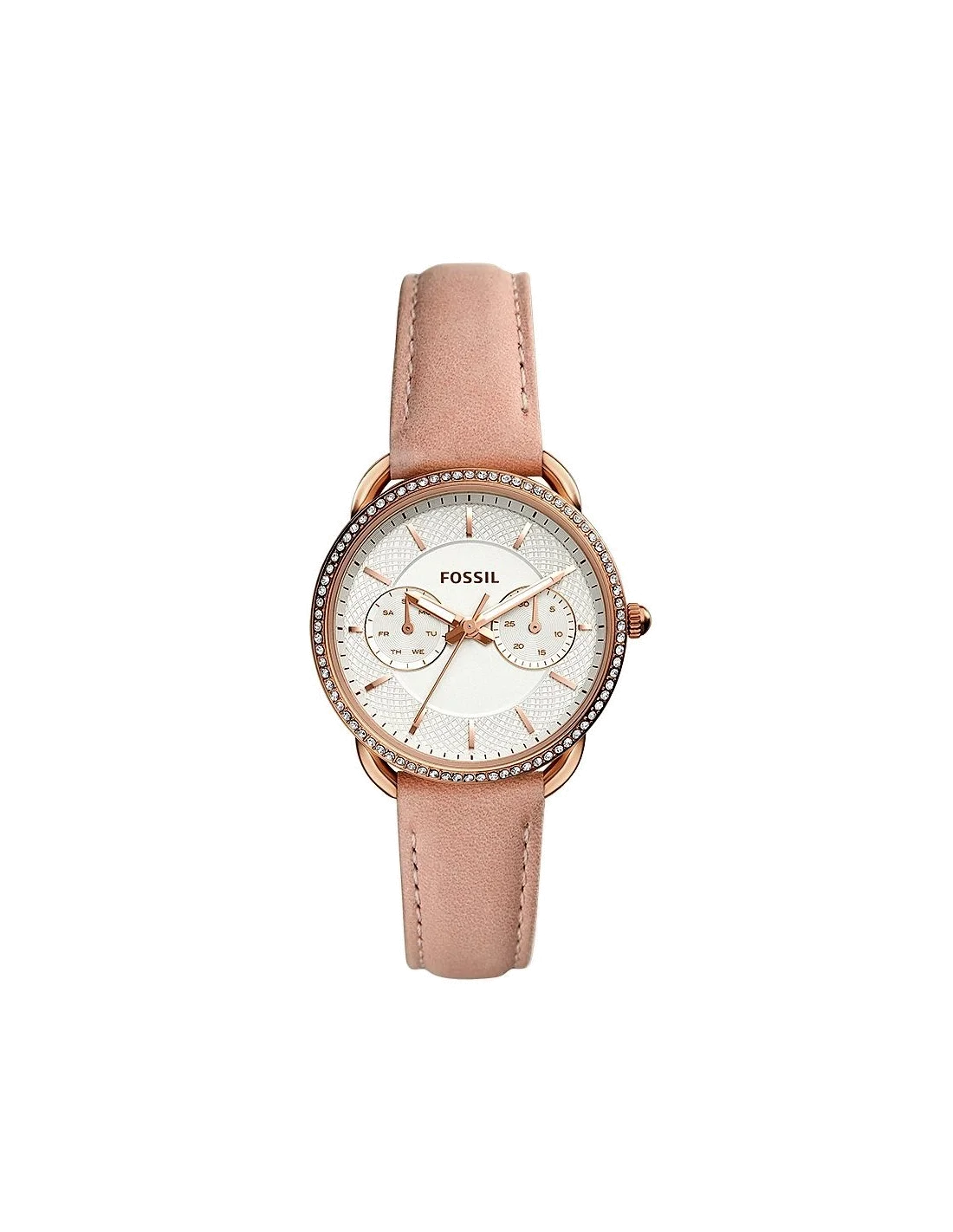 Montre Femme Fossil Tailor ES4393 - Cadran Blanc à Brillants, Bracelet Cuir Beige, Boîtier Or Rose