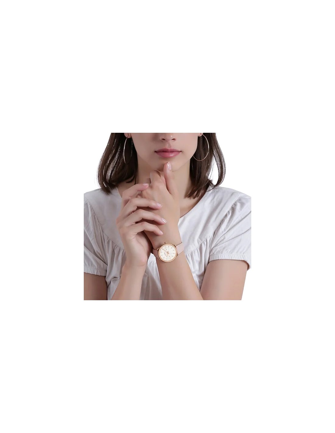 Montre Femme Fossil Tailor ES4393 - Cadran Blanc à Brillants, Bracelet Cuir Beige, Boîtier Or Rose vue 3