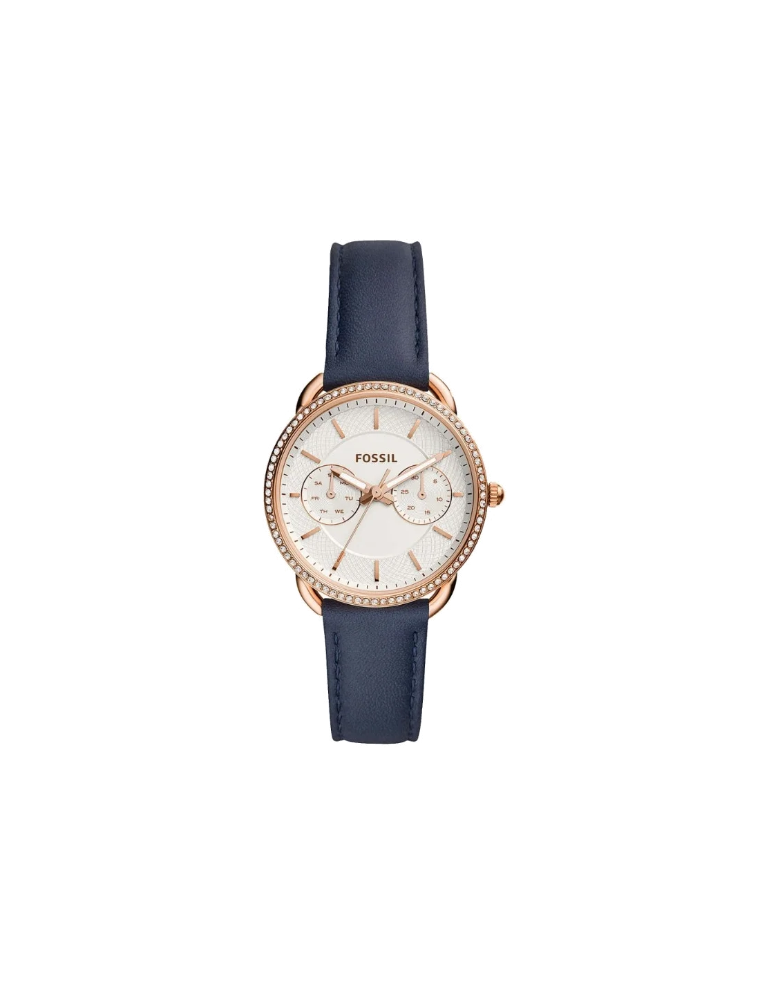 Montre Fossil ES4394 pour Femme - Boîtier Or Rose, Cadran Blanc, Bracelet Cuir Bleu