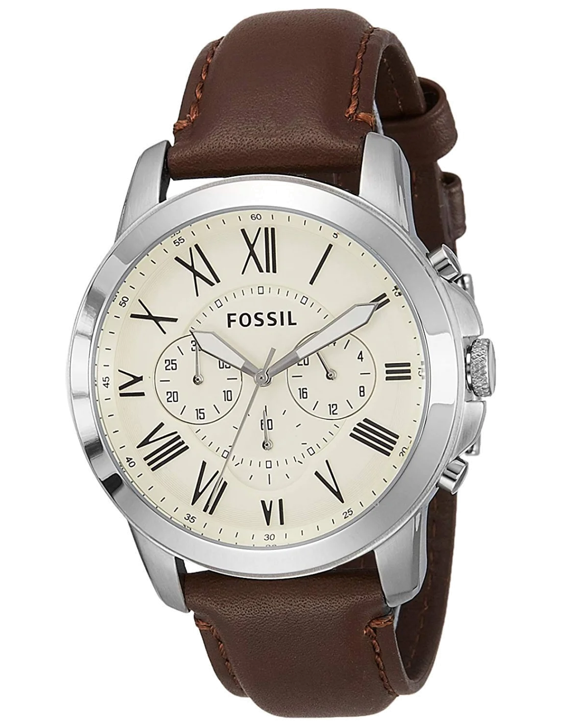 Montre Homme Fossil Grant FS4735 Cadran Argent et Bracelet Cuir Marron