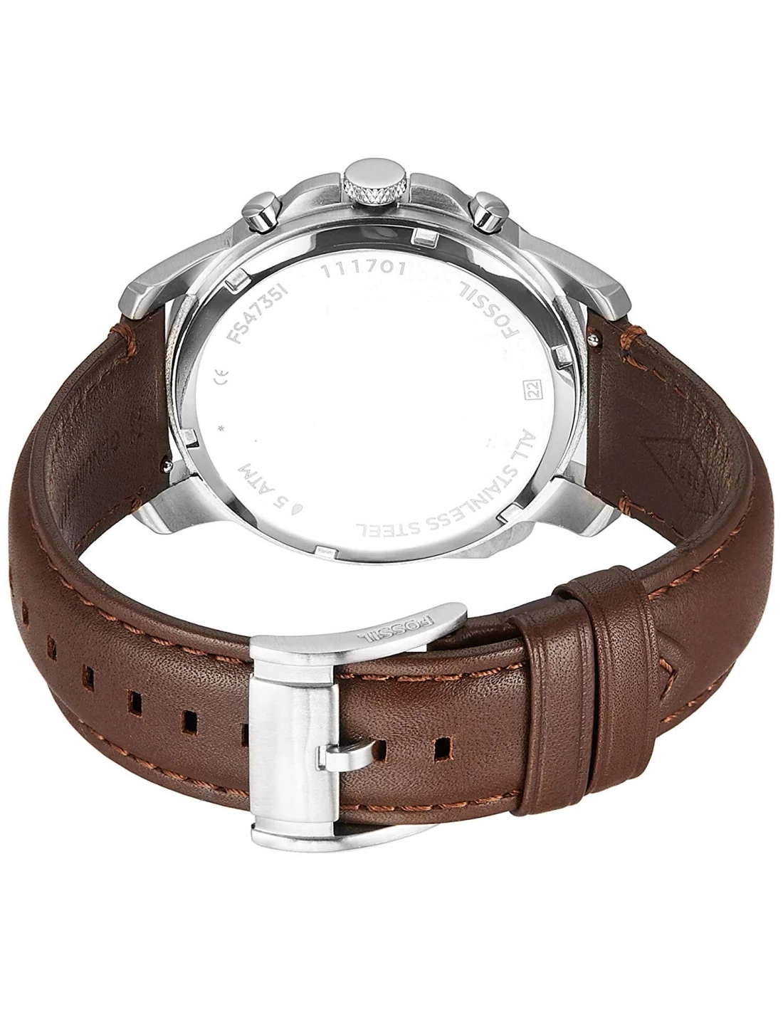 Montre Homme Fossil Grant FS4735 Cadran Argent et Bracelet Cuir Marron vue 2