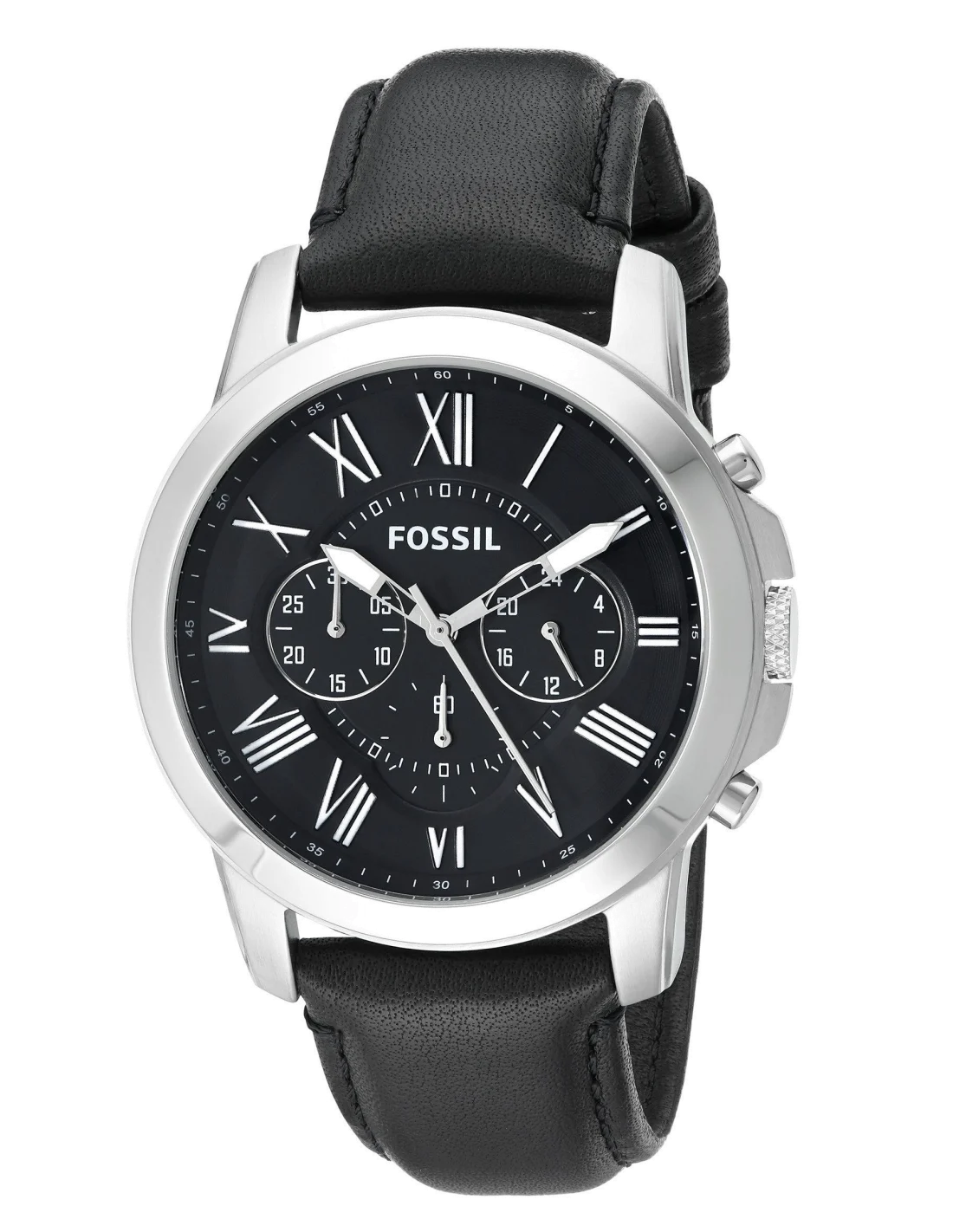 Montre Homme Fossil Grant FS4812 - Cadran Argenté, Bracelet Cuir Noir